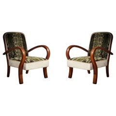 Art Deco Cherrywood Green and White Velvet Italian Club Chair / Armchairs, 1940