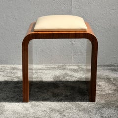 Art Deco Cherrywood Pouf in High Gloss Finish with Leather Seat, France 1930s