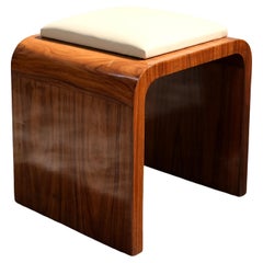 Art Deco Cherrywood Pouf in High Gloss Finish with Leather Seat, France 1930s