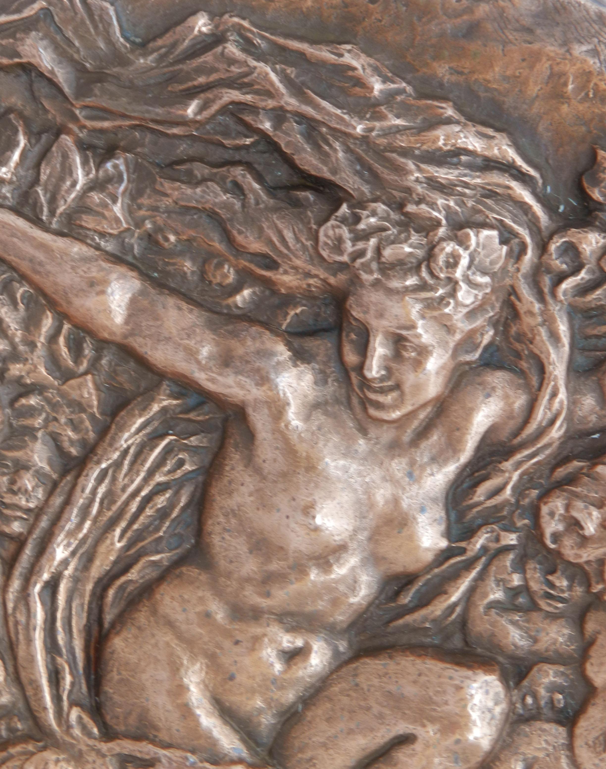 Art Deco Cherubs Nymph Wall Placque Panel Embossed Copper c1930  In Good Condition For Sale In Mimizan, FR