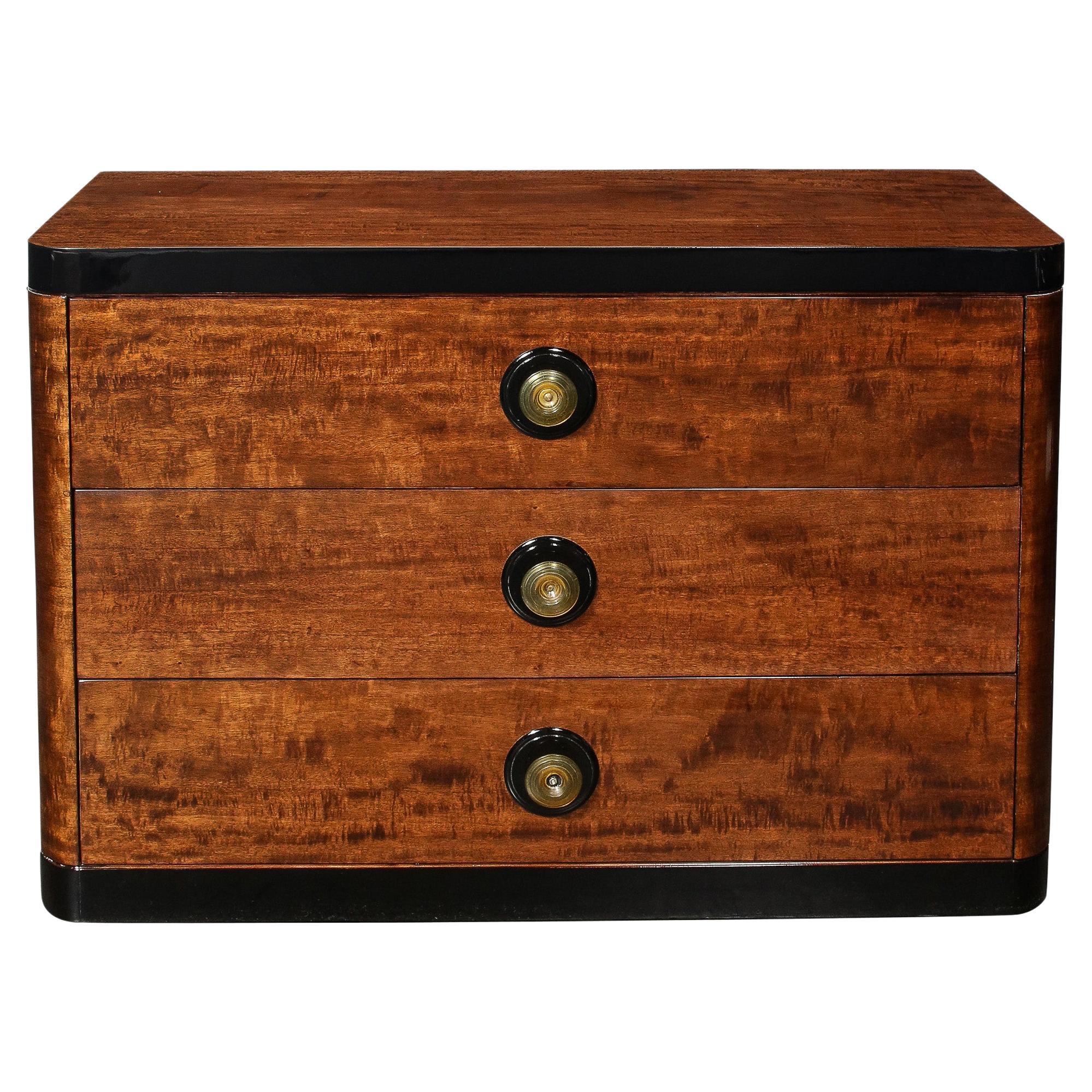 Art Deco  Chest in Book-matched & Burled Walnut w/ Amber Bakelite Pulls For Sale