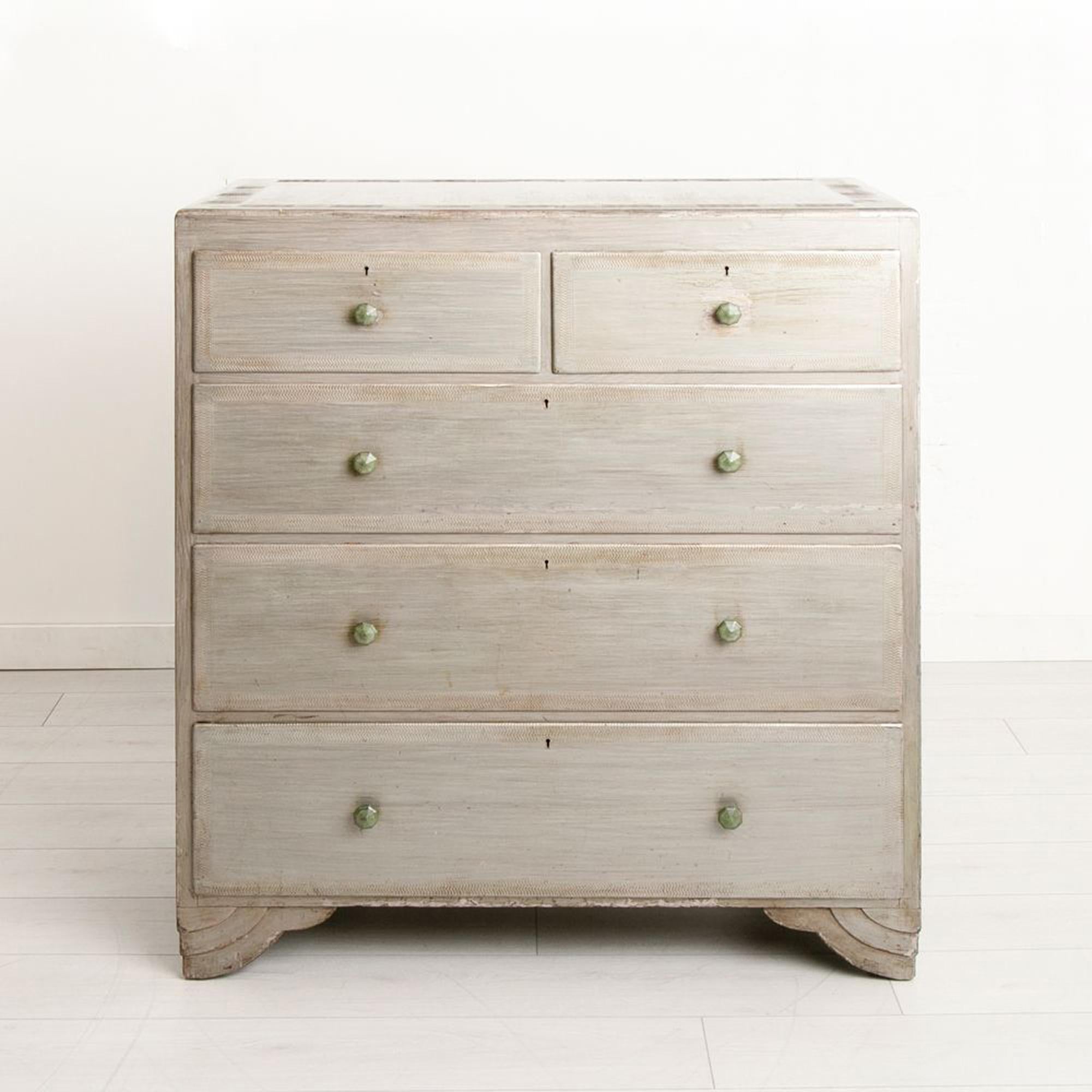 A very handsome antique 1930's Art Deco chest of drawers by Rowley of London. very nicely made with stepped curvilinear feet and wavy line decorated borders. The Rowley Gallery was established in 1898 at 6 High Road, Silver Street, Kensington. In