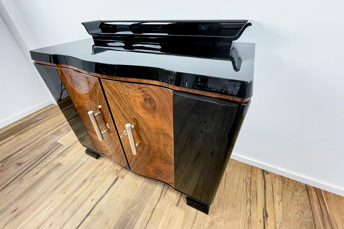 Polished Art Deco Chest of Drawers from Germany around 1930 in Black Highgloss and Walnut