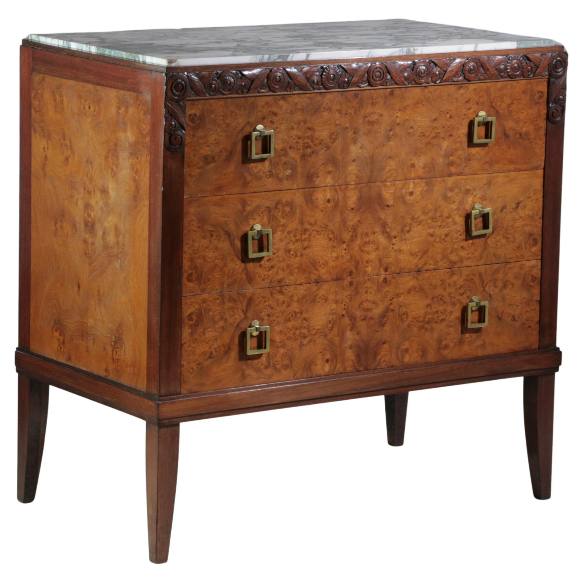 Art Deco chest of drawers in burl veneer and marble top, France ca. 1930