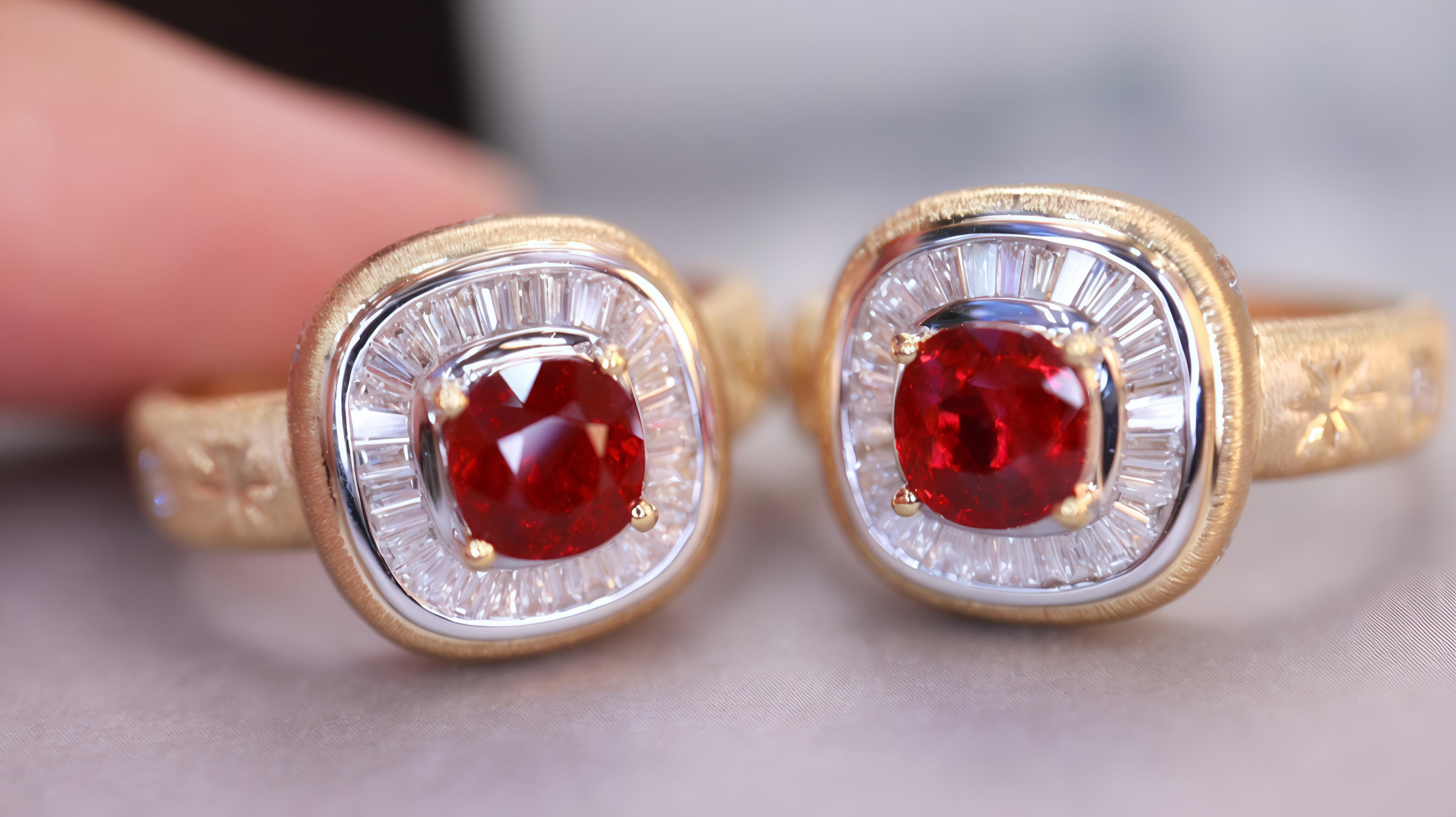 Art Deco Chic Design: Non Heated Ruby Ring Inlaid with Diamonds

Main stone - 0.83 CT
Diamond - 0.27 CT 
Total Weight - 3.8 GM

Stunning Ruby: Features non - heated rubies with vivid color and fine quality, making a bold statement.
Art Deco Design: