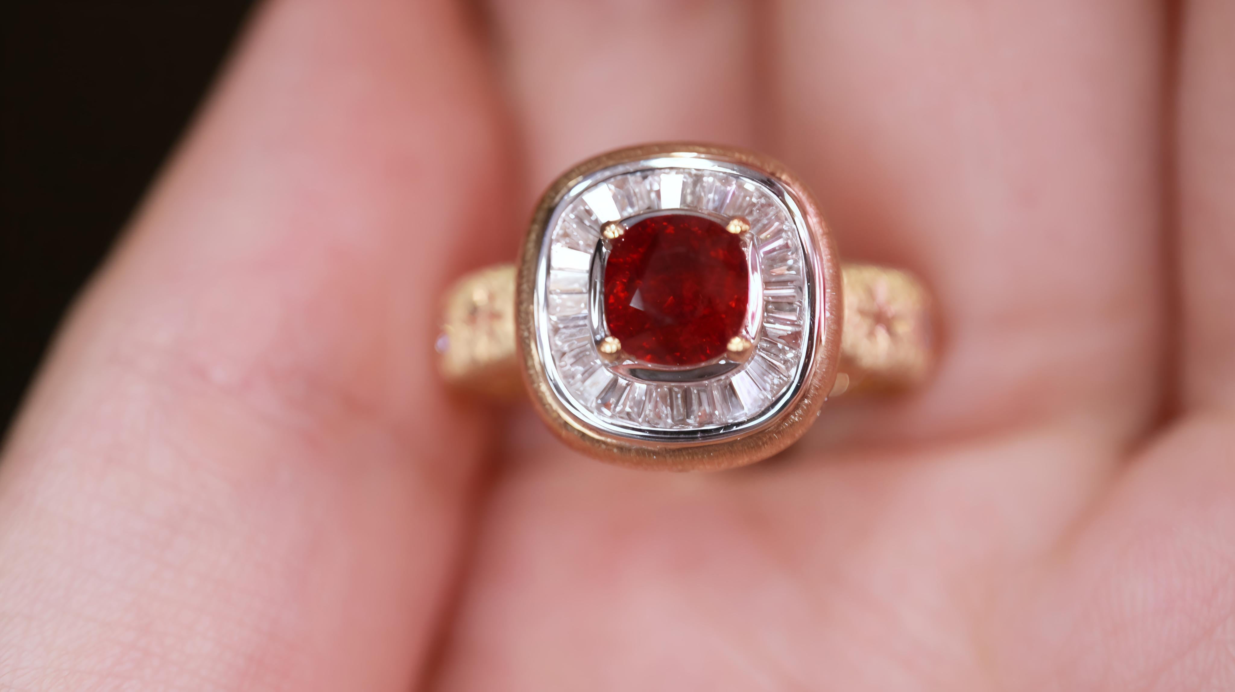 Women's or Men's Art Deco Chic Design: Non Heated Ruby Ring Inlaid with Diamonds For Sale