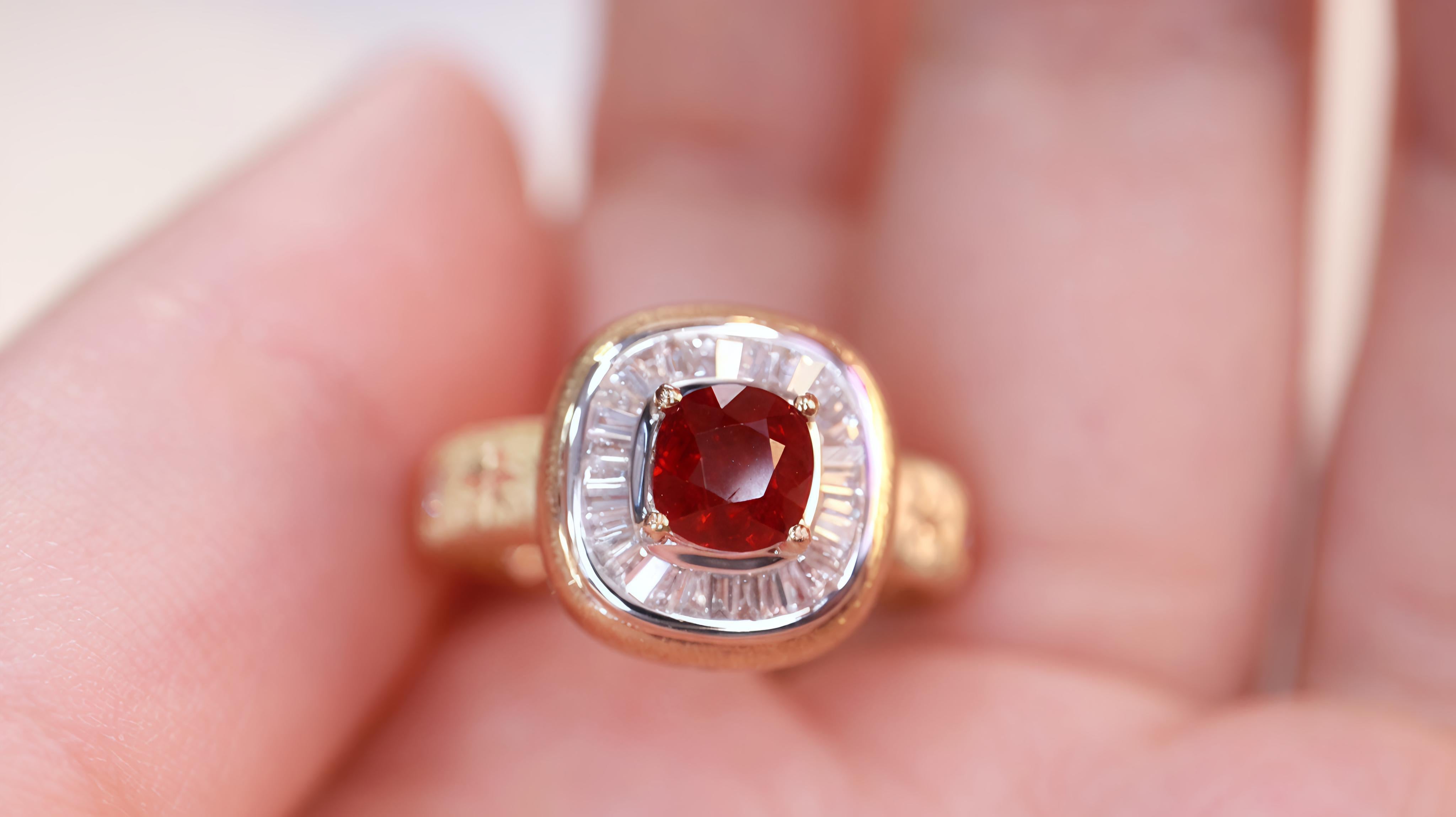 Art Deco Chic Design: Non Heated Ruby Ring Inlaid with Diamonds For Sale 1