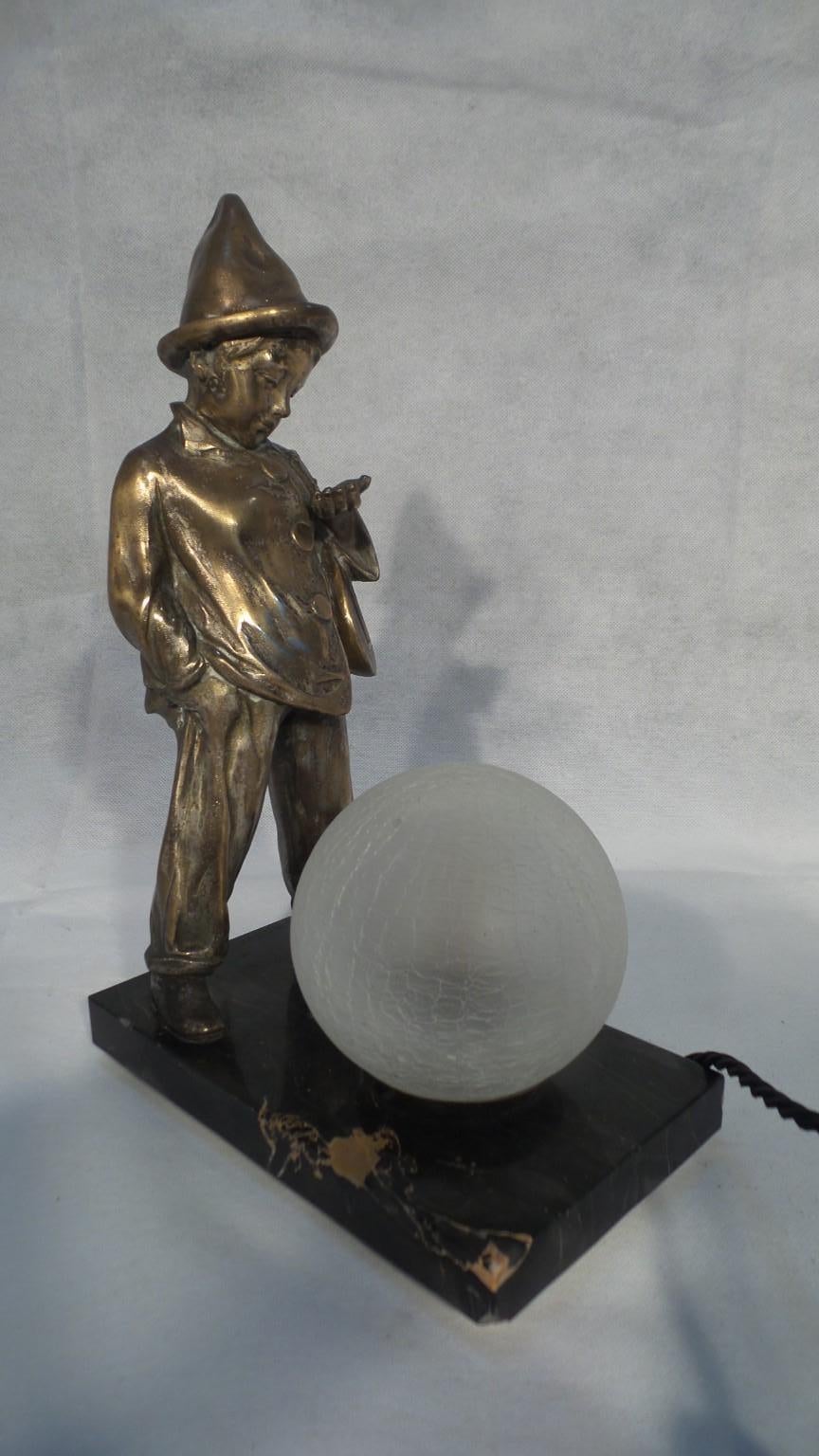 Art Deco Child Clown Lamp French Bronze on Spelter, circa 1930 Signed  In Fair Condition For Sale In Blackpool, Lancashire