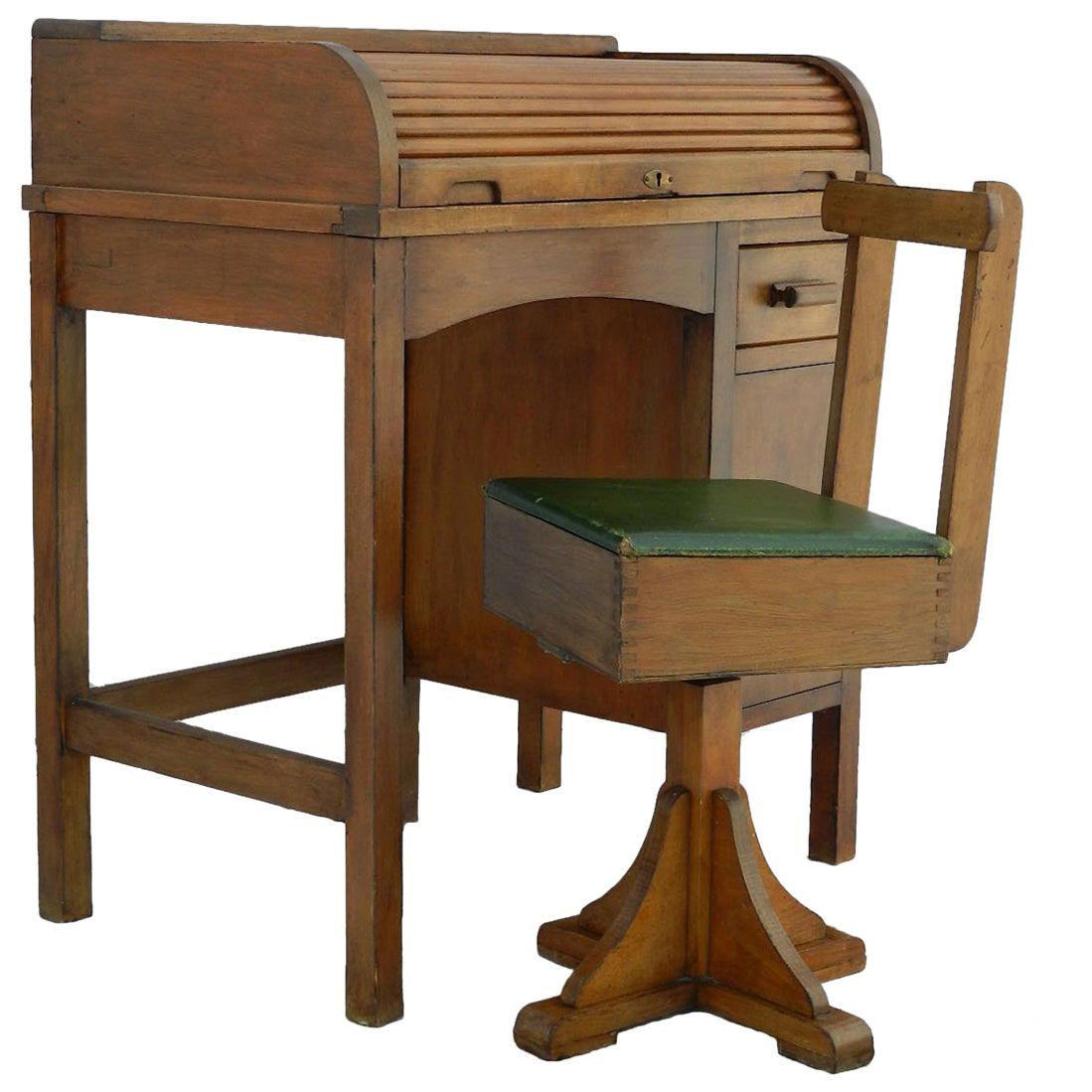 Art Deco Childs Rolltop Desk and Revolving Chair, circa 1930