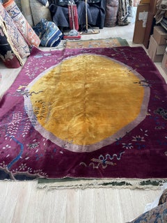 Alfombra Art Decó China Antigua de Lana, Medallón Ovalado Dorado - 8'1"×10'2" -1B997