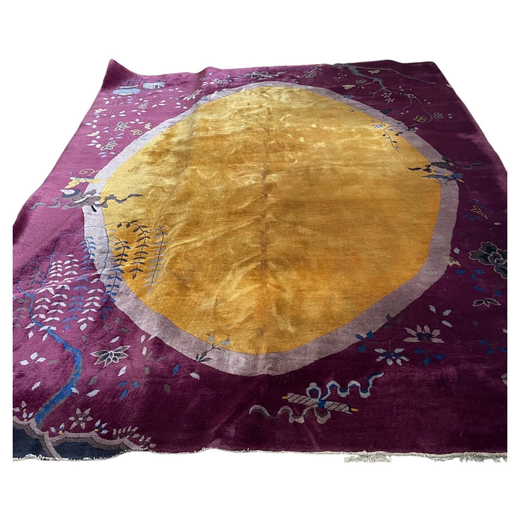 Art Deco Chinese Antique Wool Rug, Gold Oval Medallion — 8'1"×10'2" -1B997 For Sale