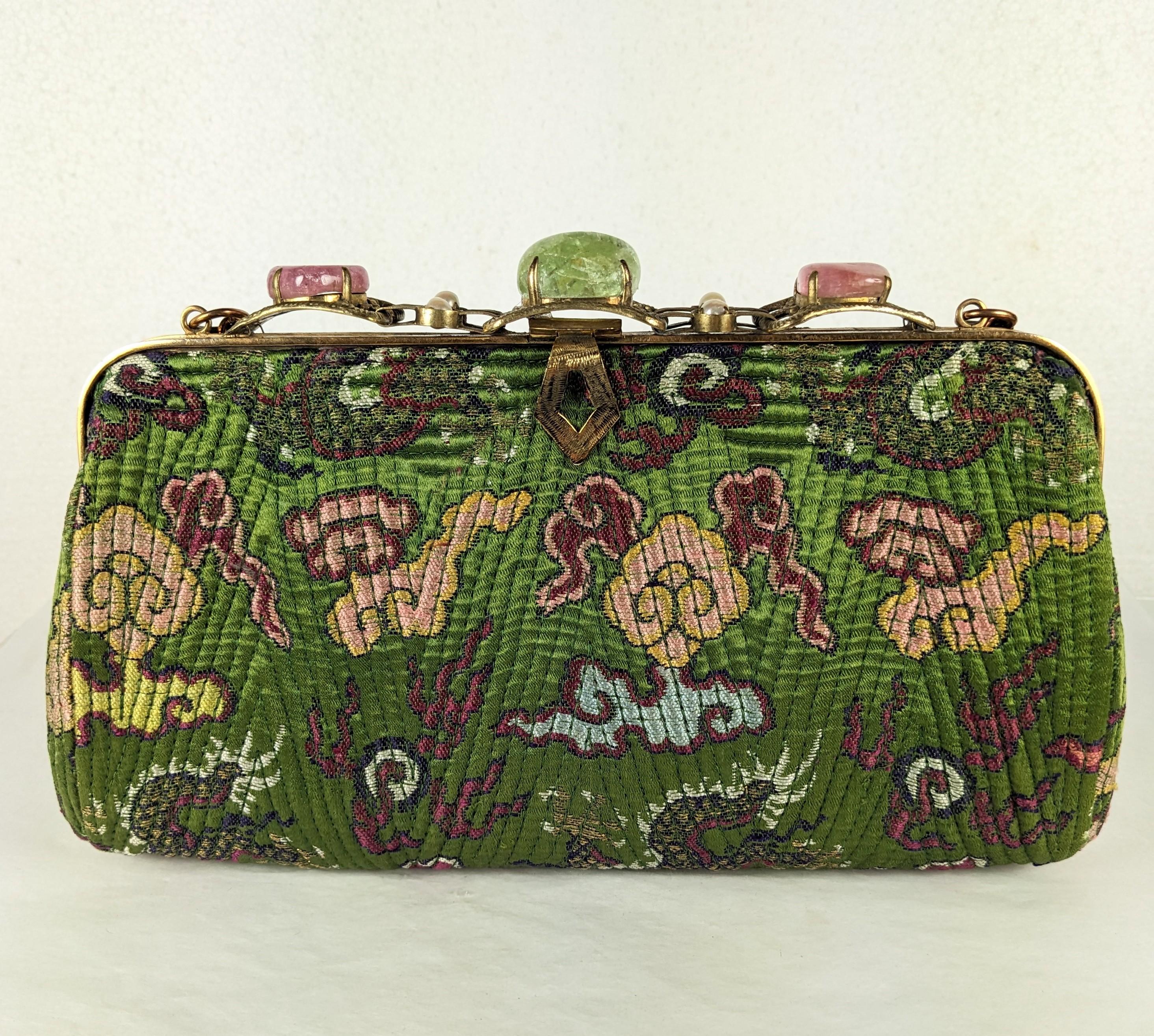 Amazing Art Deco Chinese Bag with Rose Quartz and Fluorite decoration. Antique quilted silk textile likely 19th Century reimagined into a long clutch form bag with long chain in the 1930's. The frame has a jeweled motif with tumbled rose quartz and