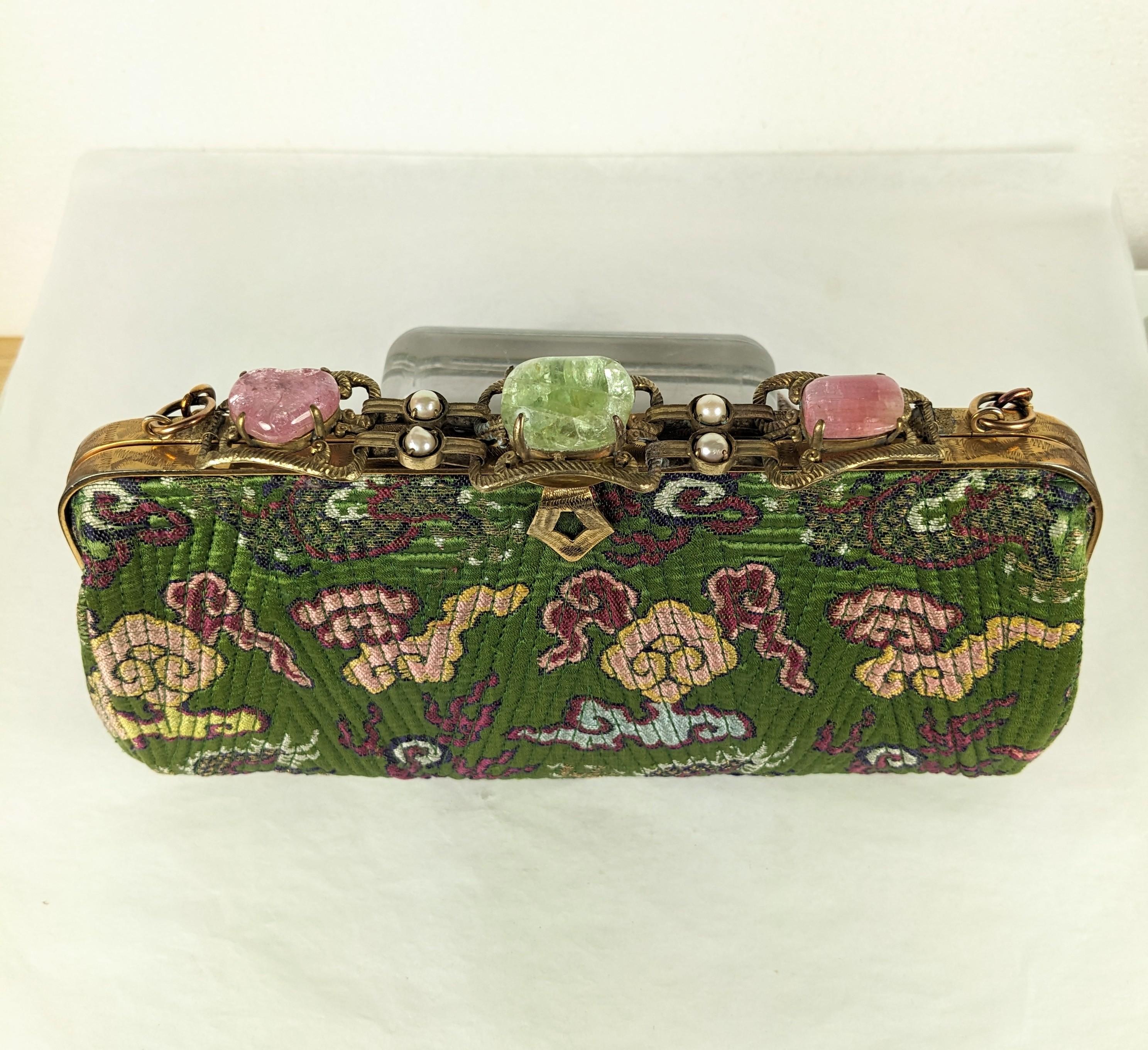Art Deco Chinese Bag with Rose Quartz and Fluorite In Good Condition For Sale In New York, NY