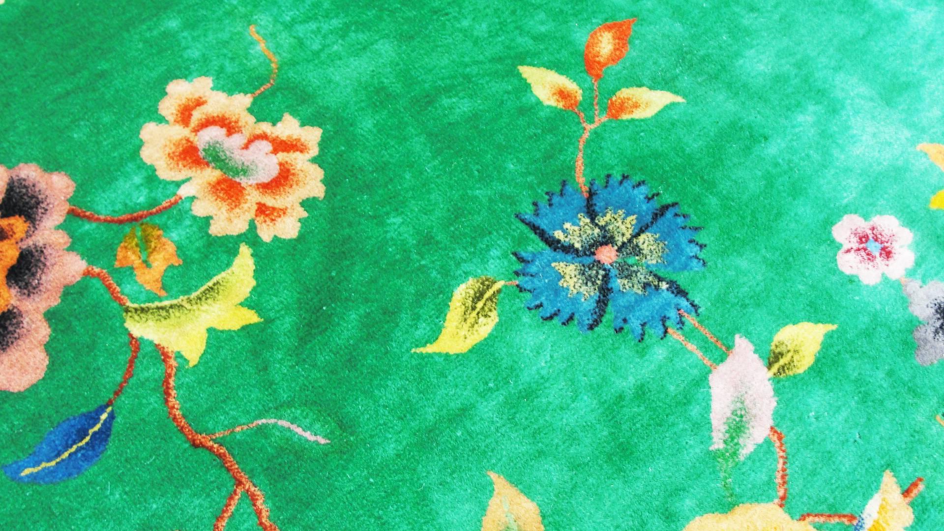 Wool Art Deco Chinese Carpet, Amazing Green