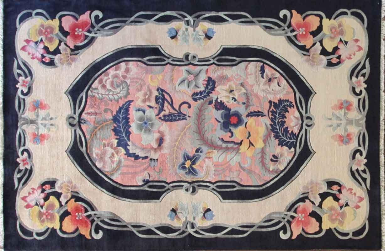 Handmade Art Deco Chinese carpet, perfect beauty. natural dyed wool with traditional French floral design, c-1940.
This rug is in good condition, the pile is high and even throughout the rug, the ends and sides are intact and secured, it has been