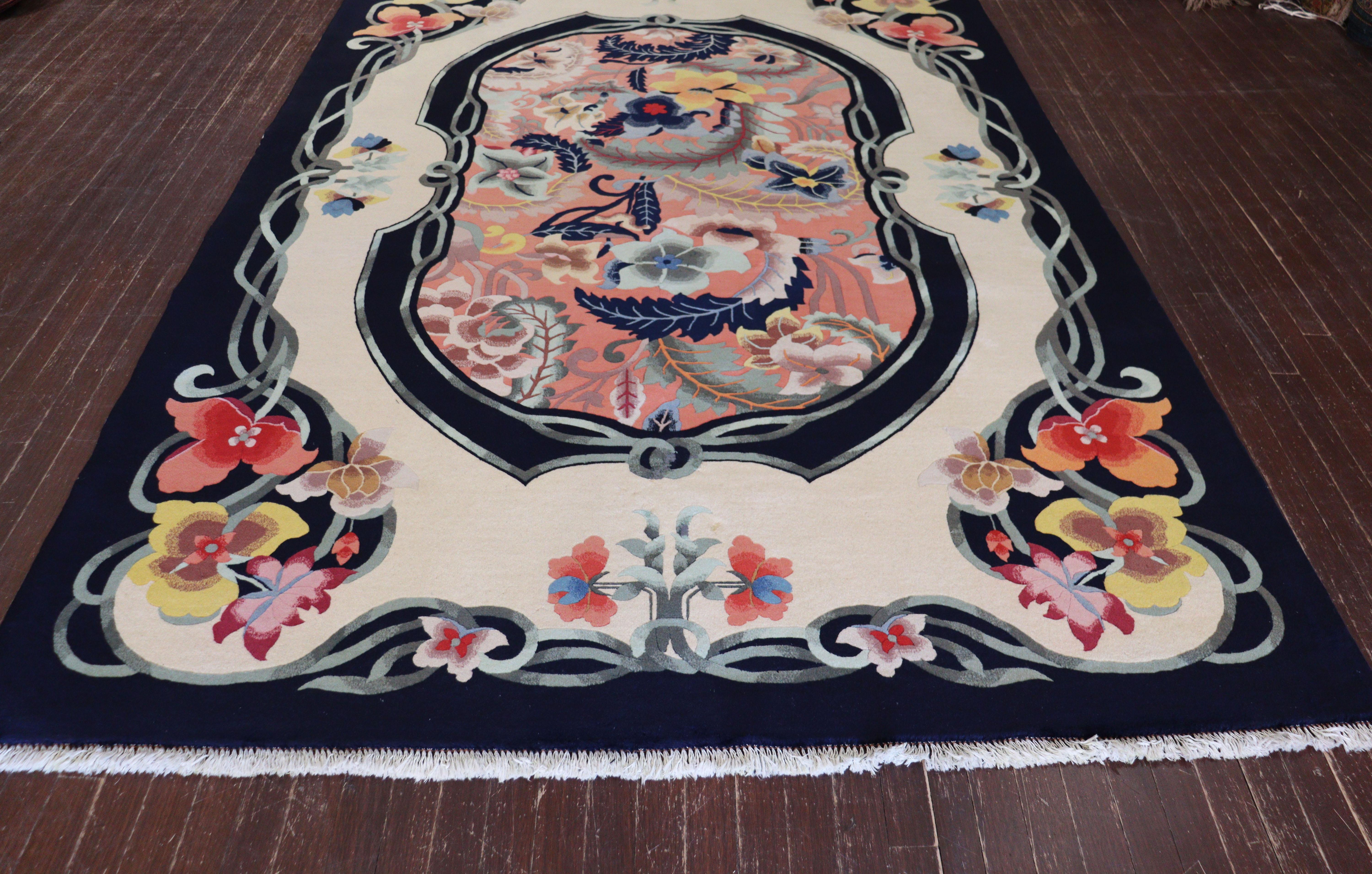 Wool Antique Art Deco Chinese Carpet, Perfect Nature