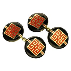 Cartier Art Deco Chinese Dragon Symbol Gold and Enamel Cufflinks circa 1930s