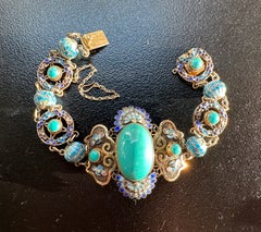 Art Deco Chinese Export Bracelet Turquoise Enamel Silver Gilt Lotus Flower