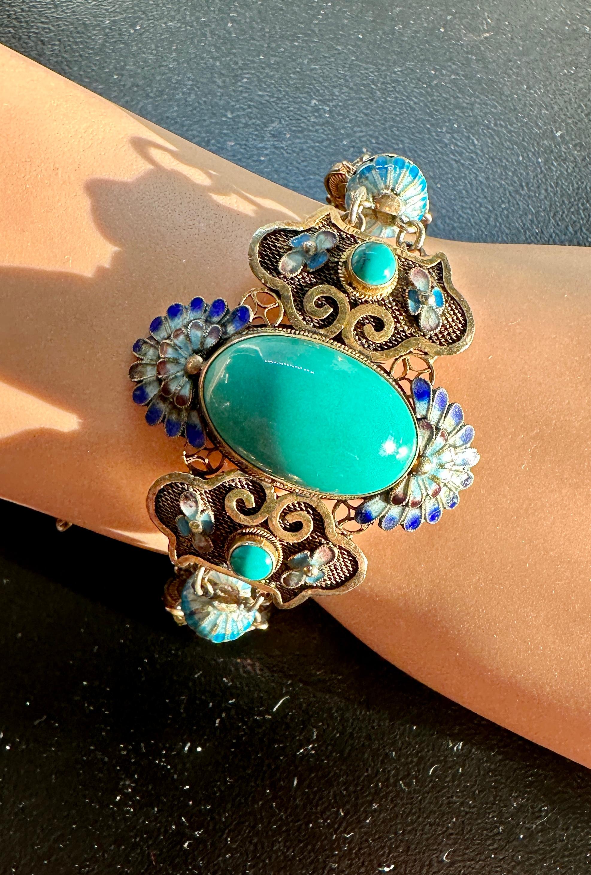 Anglo-indiano Bracciale d'esportazione cinese Art Deco Bracciale con smalto turchese e argento dorato Fiore di loto in vendita