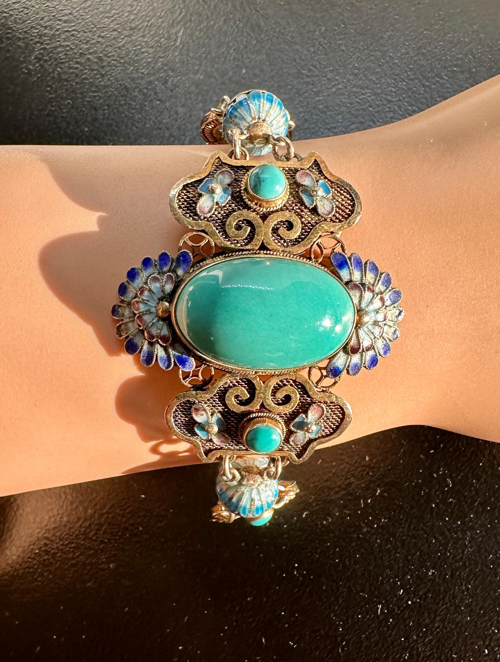 Bracciale d'esportazione cinese Art Deco Bracciale con smalto turchese e argento dorato Fiore di loto In condizioni ottime in vendita a New York, NY