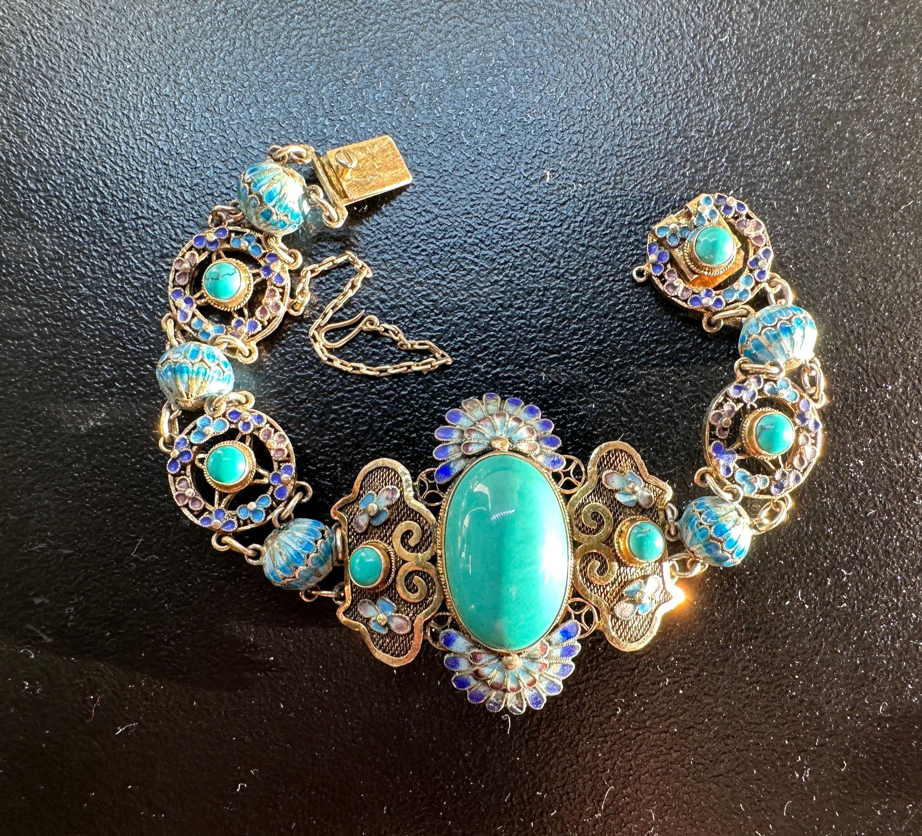 Bracciale d'esportazione cinese Art Deco Bracciale con smalto turchese e argento dorato Fiore di loto in vendita 1