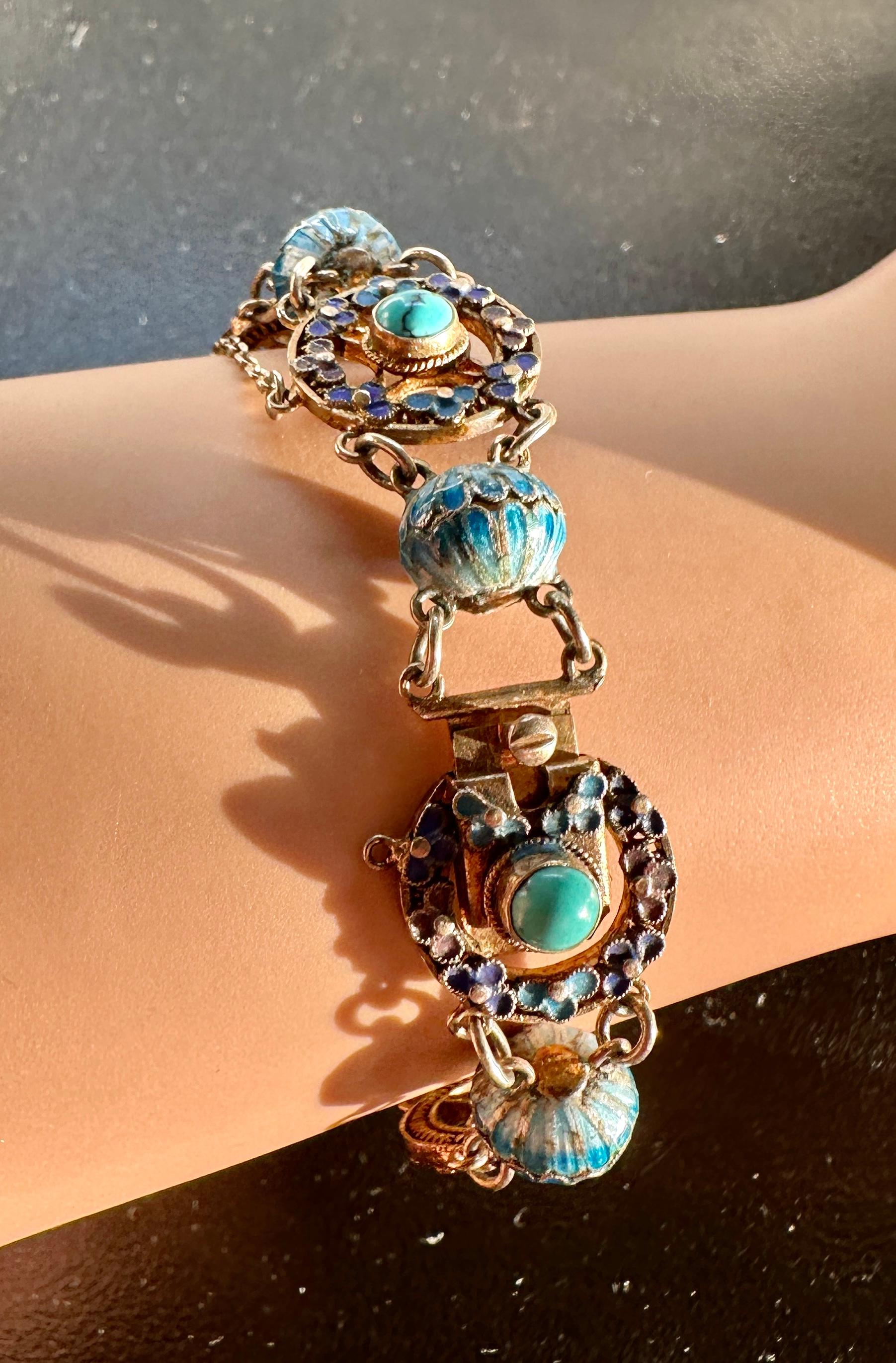 Bracciale d'esportazione cinese Art Deco Bracciale con smalto turchese e argento dorato Fiore di loto in vendita 2