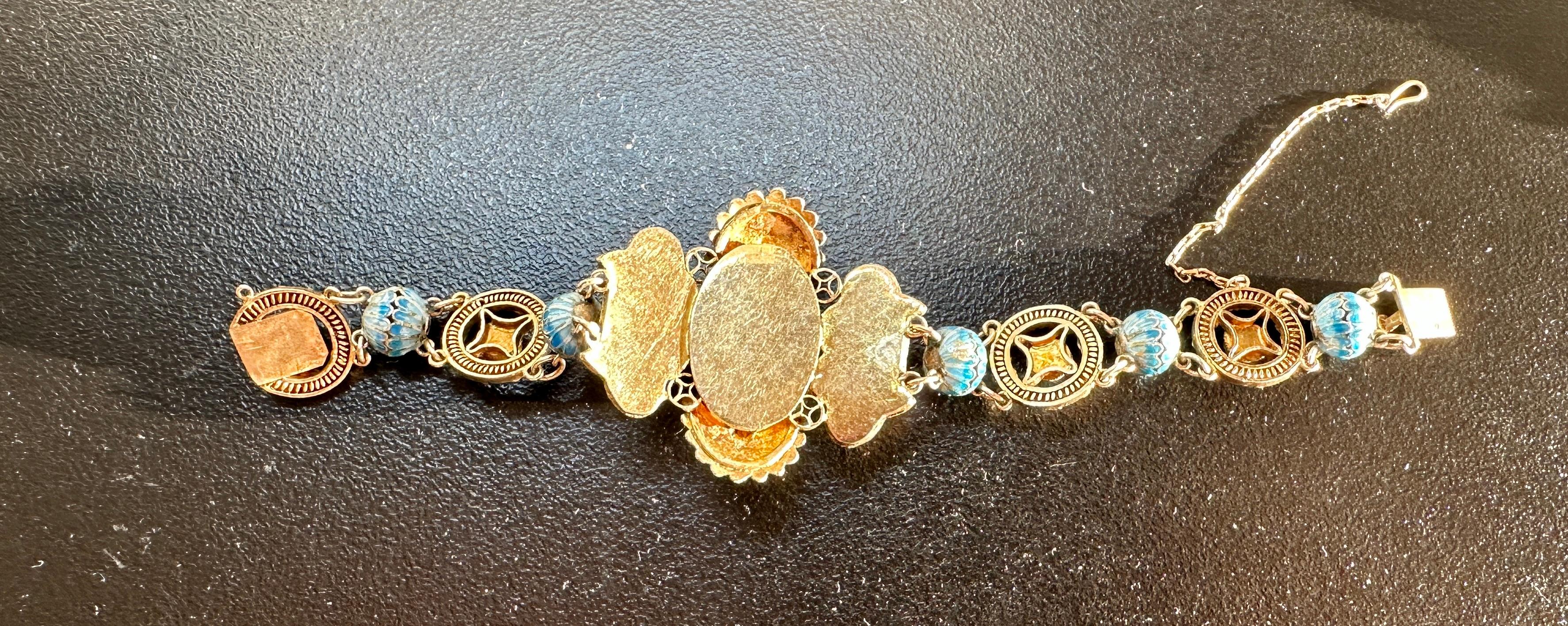 Bracciale d'esportazione cinese Art Deco Bracciale con smalto turchese e argento dorato Fiore di loto in vendita 3