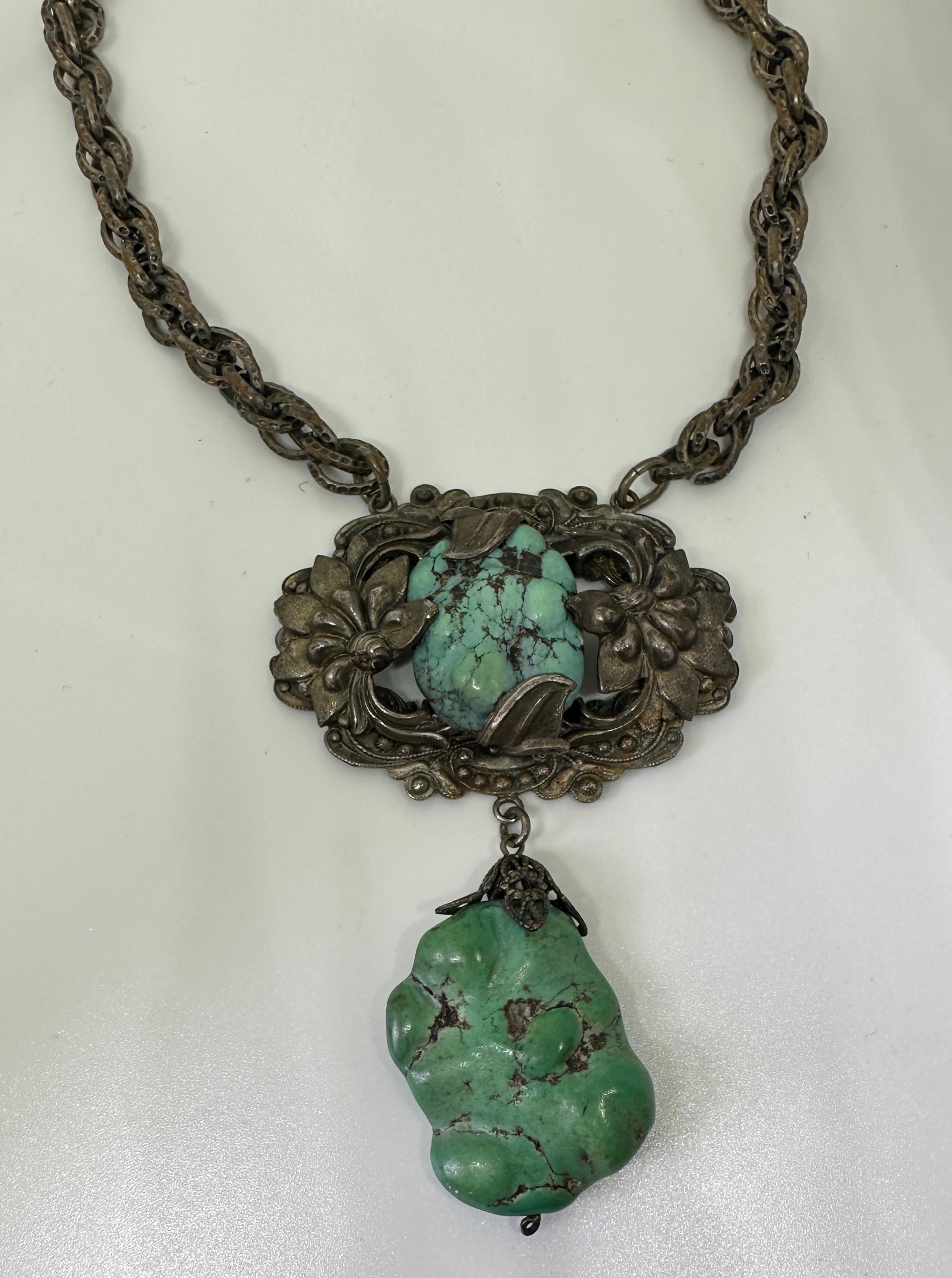 Art Deco Chinese Export Natural Turquoise Silver Necklace Chrysanthemum Flower In Excellent Condition For Sale In New York, NY