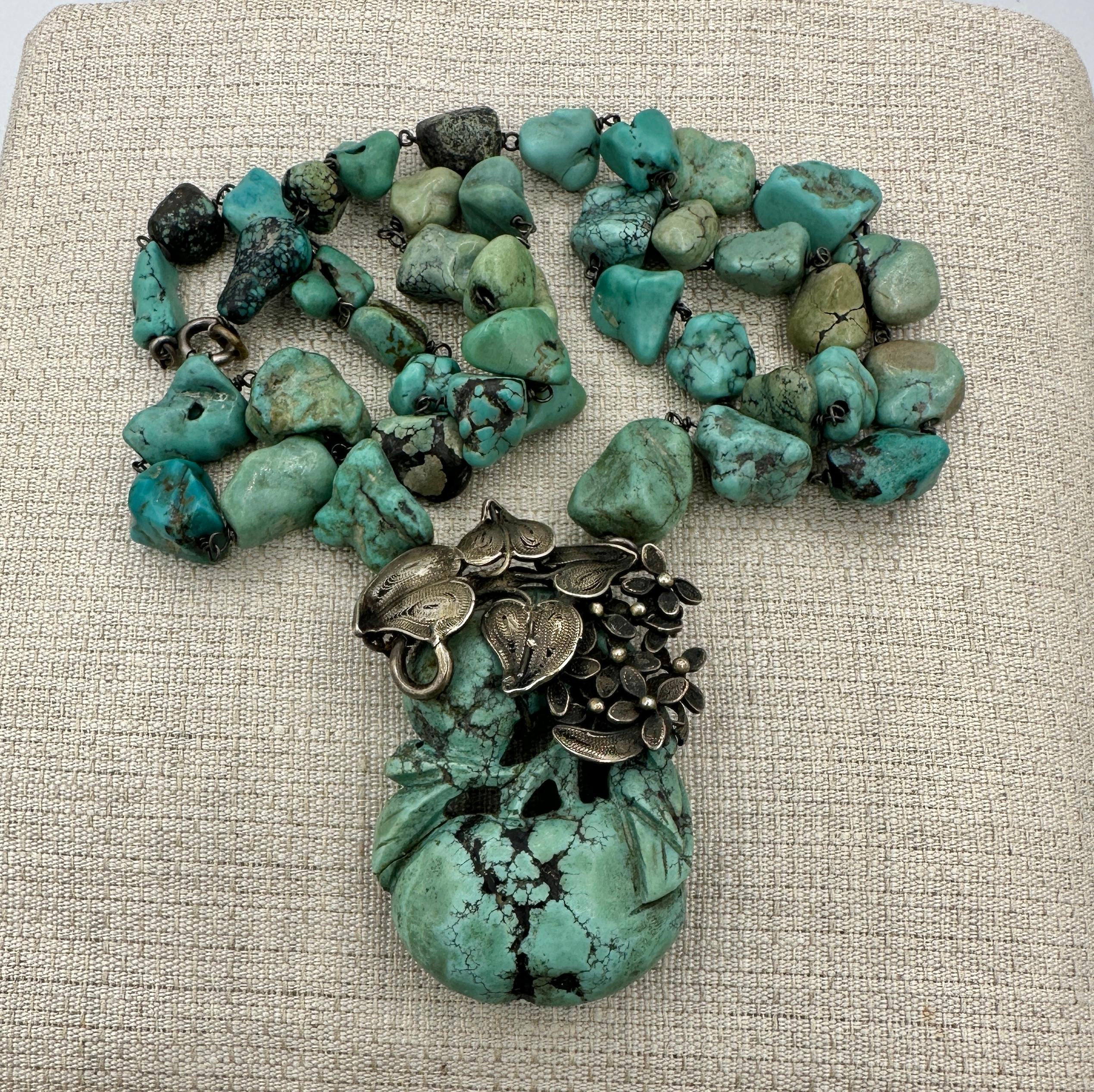 Taglio misto Collana d'argento in turchese naturale Art Deco Chinese Export Flower Lily Pad in vendita