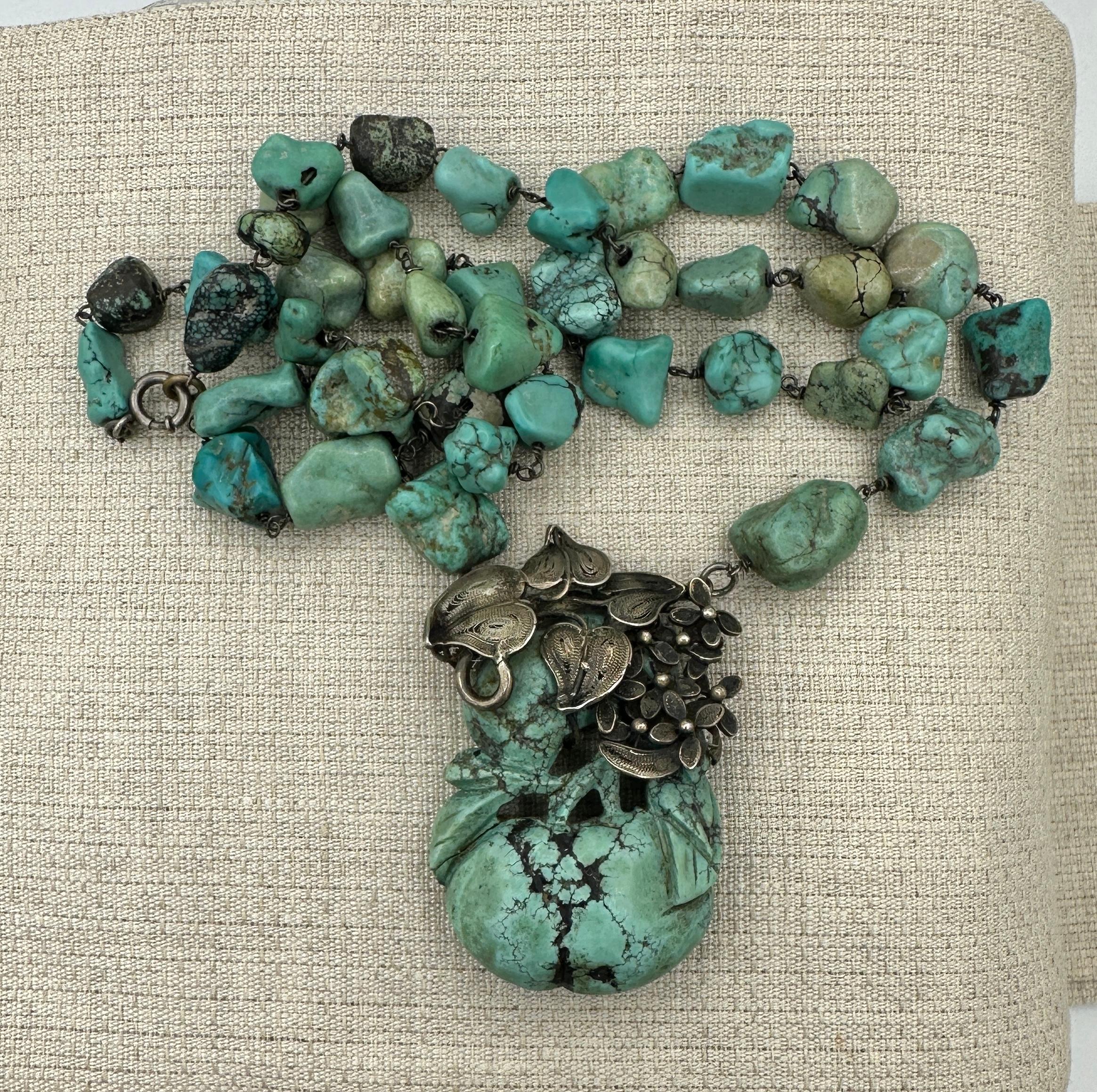 da uomo o donna Collana d'argento in turchese naturale Art Deco Chinese Export Flower Lily Pad in vendita