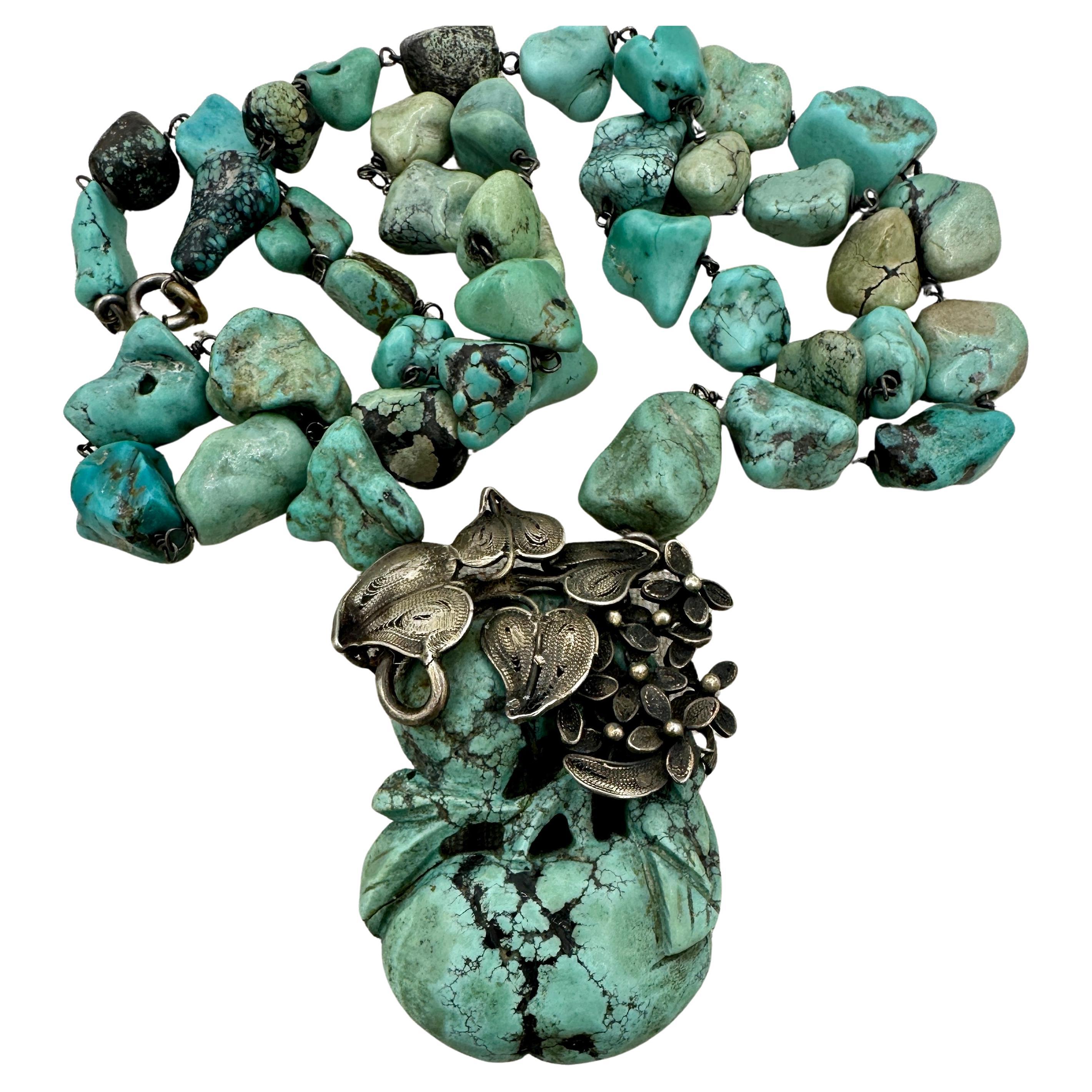 Collana d'argento in turchese naturale Art Deco Chinese Export Flower Lily Pad in vendita