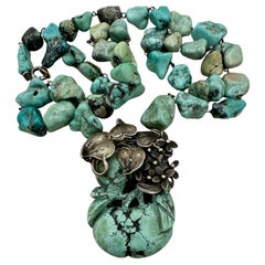 Antique Art Deco Chinese Export Natural Turquoise Silver Necklace Flower Lily Pad