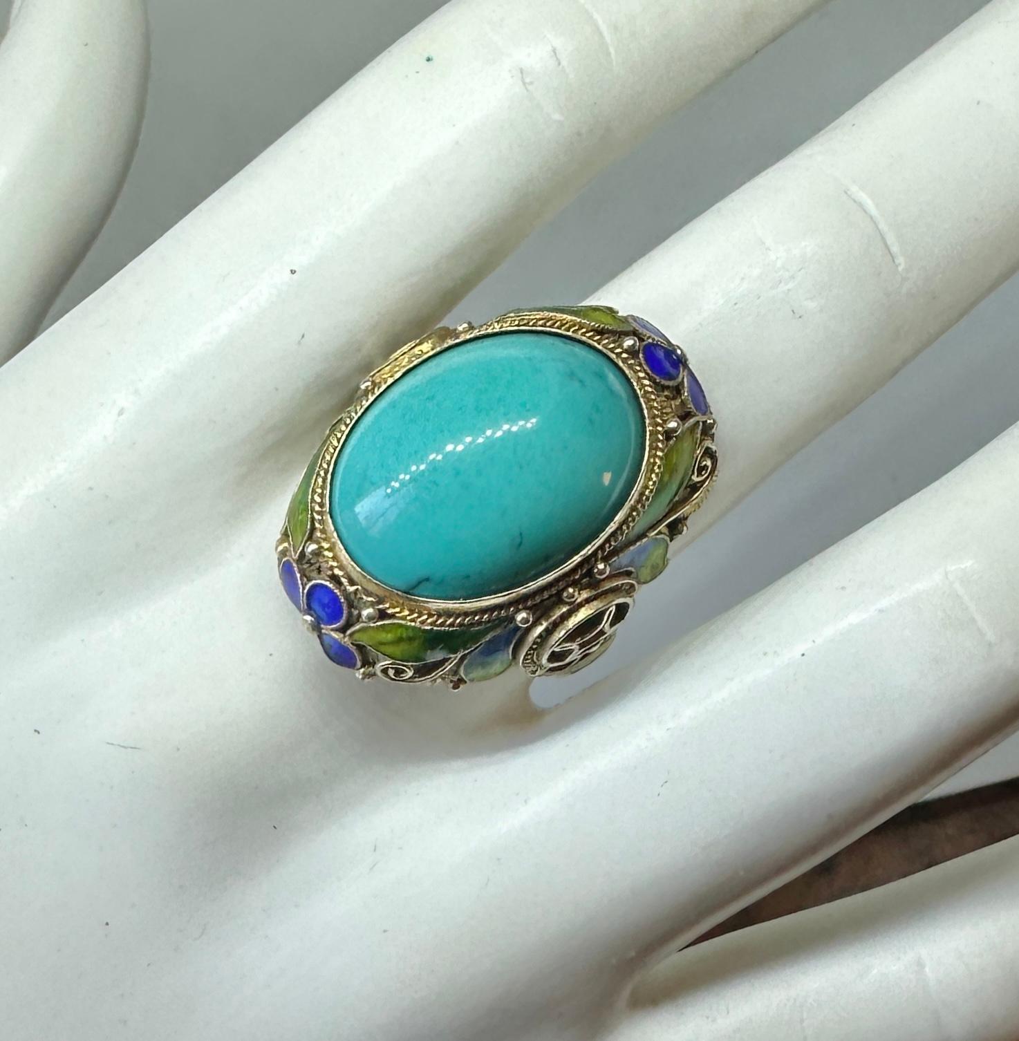 Anglo-Indian Art Deco Chinese Export Ring Natural Turquoise Enamel Silver Gilt Flower Motif For Sale