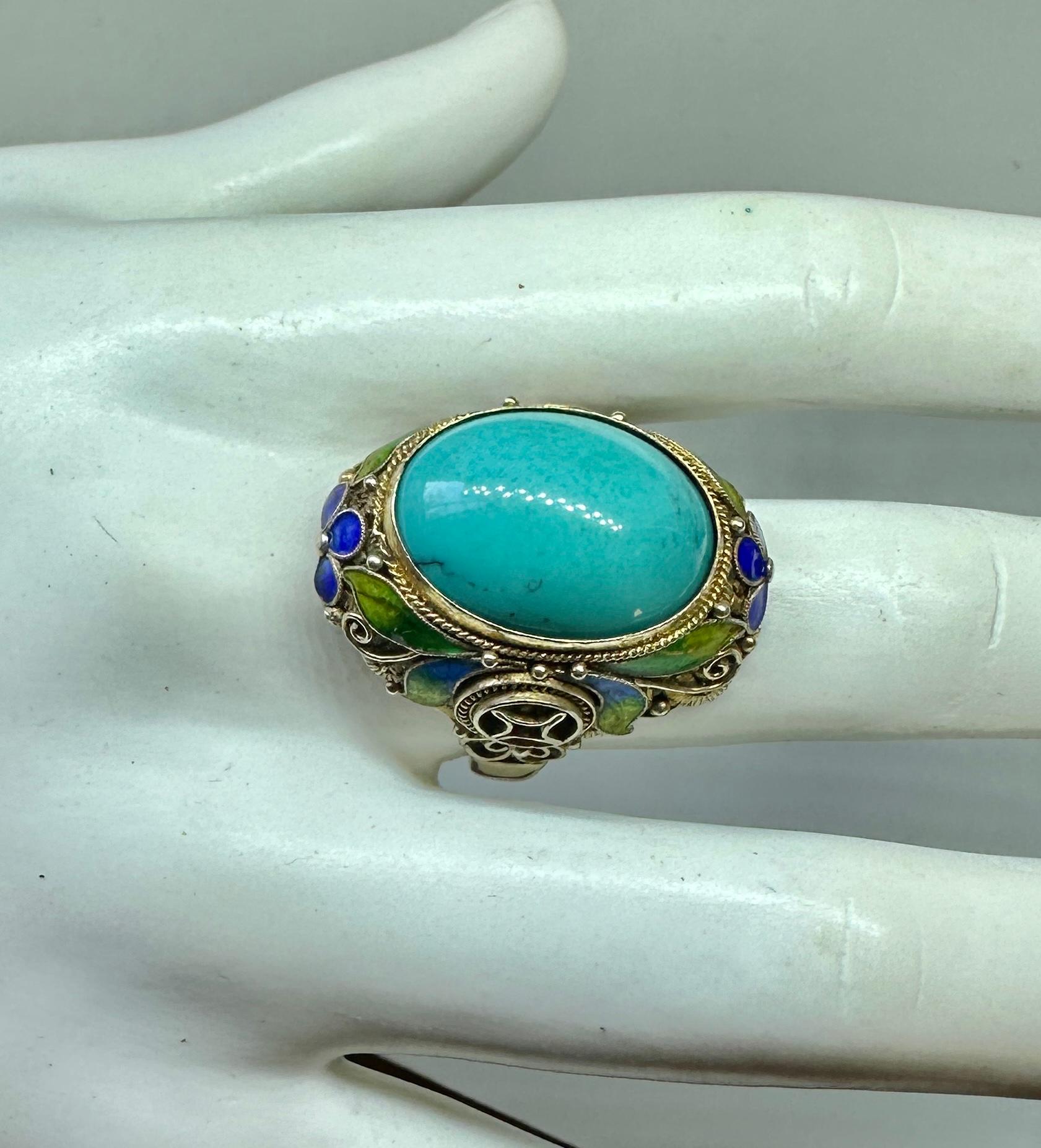 Cabochon Art Deco Chinese Export Ring Natural Turquoise Enamel Silver Gilt Flower Motif For Sale