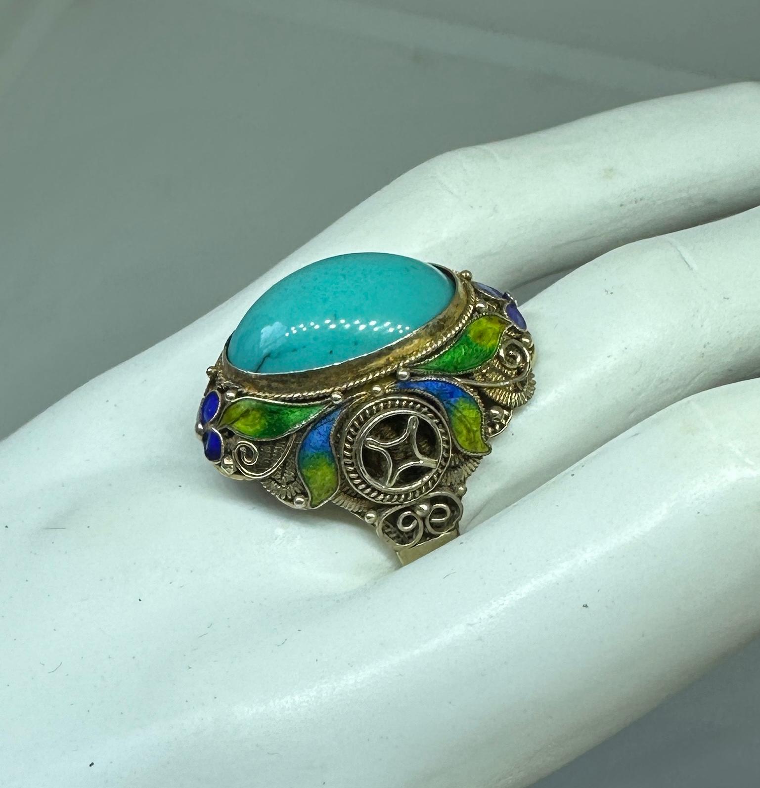 Art Deco Chinese Export Ring Natural Turquoise Enamel Silver Gilt Flower Motif In Excellent Condition For Sale In New York, NY