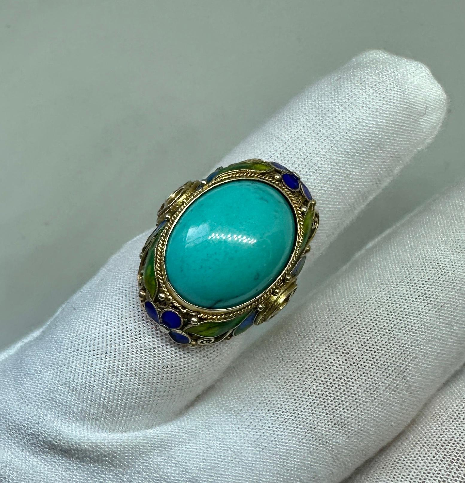 Women's or Men's Art Deco Chinese Export Ring Natural Turquoise Enamel Silver Gilt Flower Motif For Sale