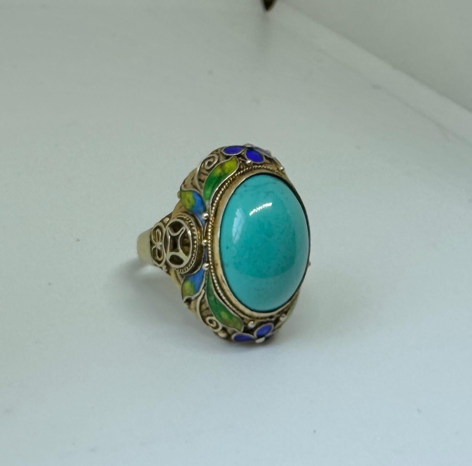 Art Deco Chinese Export Ring Natural Turquoise Enamel Silver Gilt Flower Motif For Sale 1