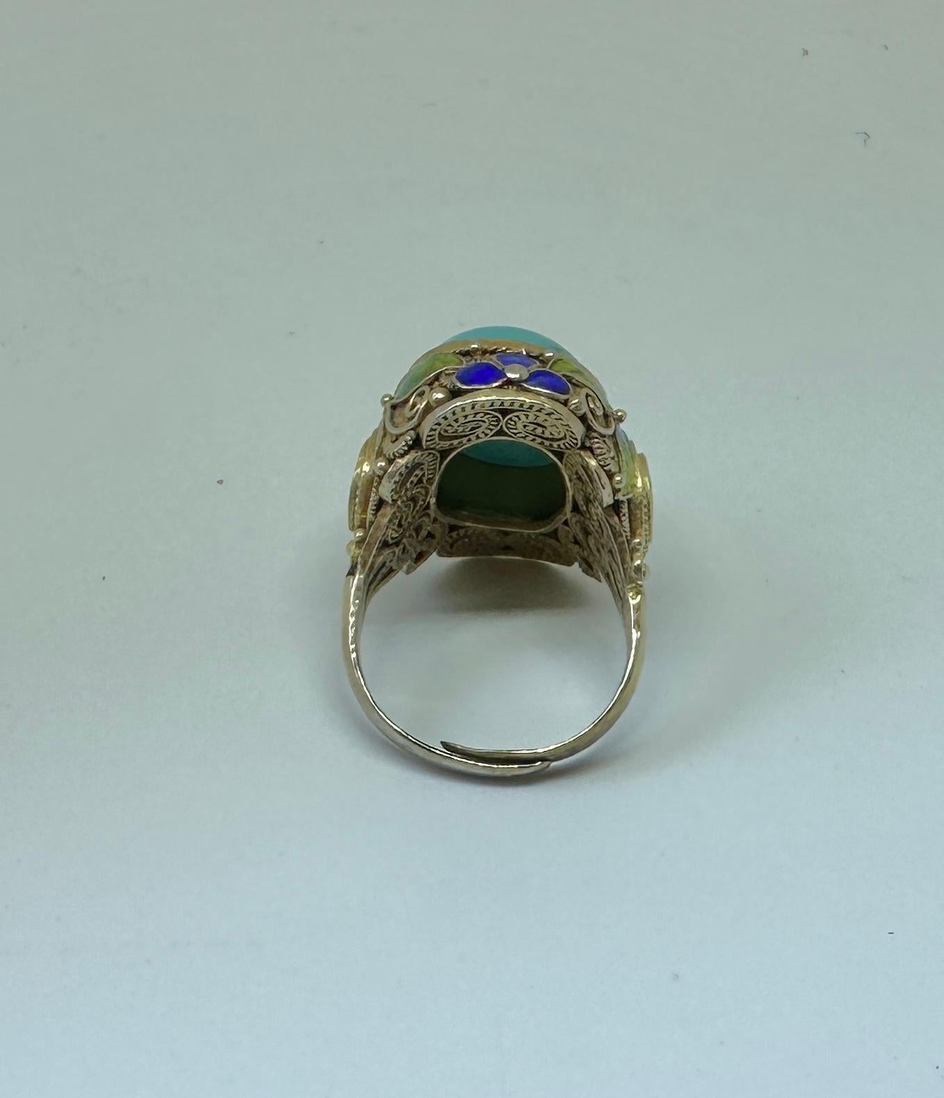 Art Deco Chinese Export Ring Natural Turquoise Enamel Silver Gilt Flower Motif For Sale 2