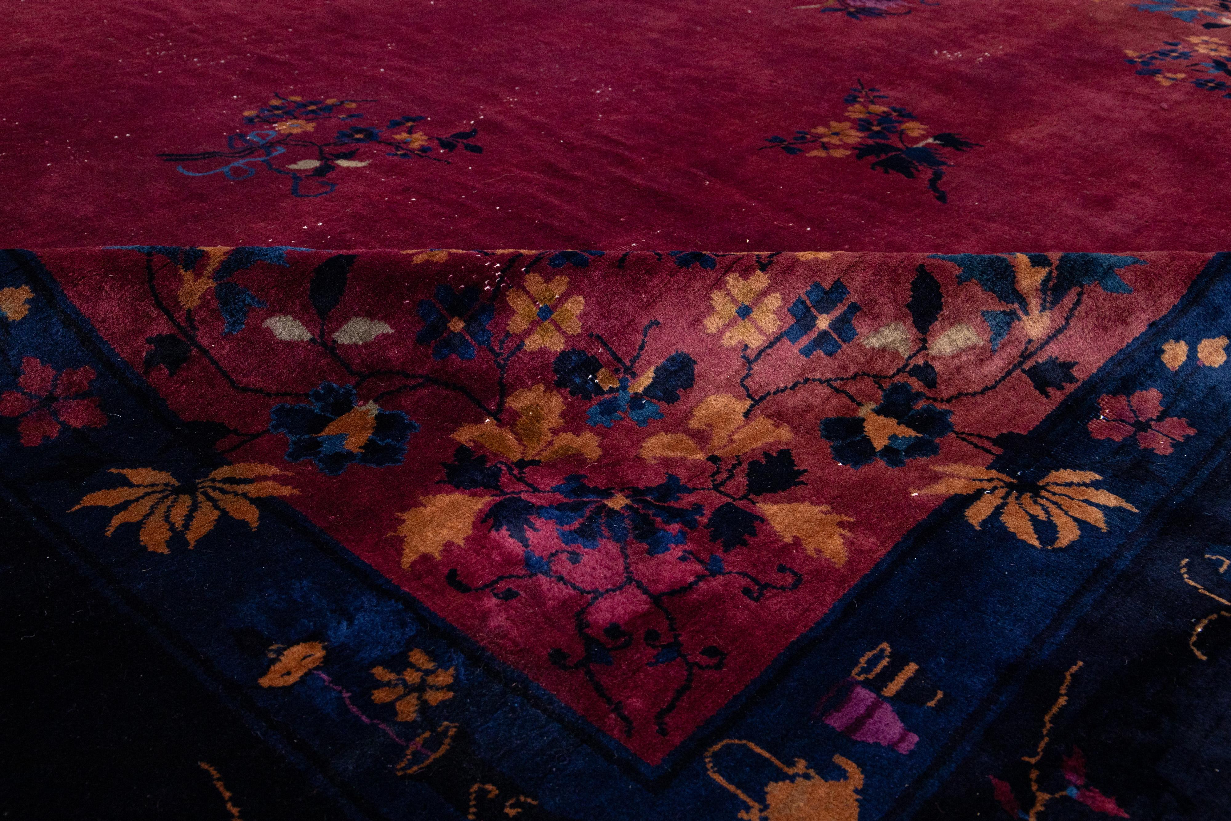 Art Deco Chinese Floral Designed Antique Wool Rug In Red  For Sale 5