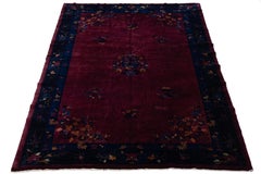 Art Deco Chinese Floral Designed Antique Wool Rug In Red