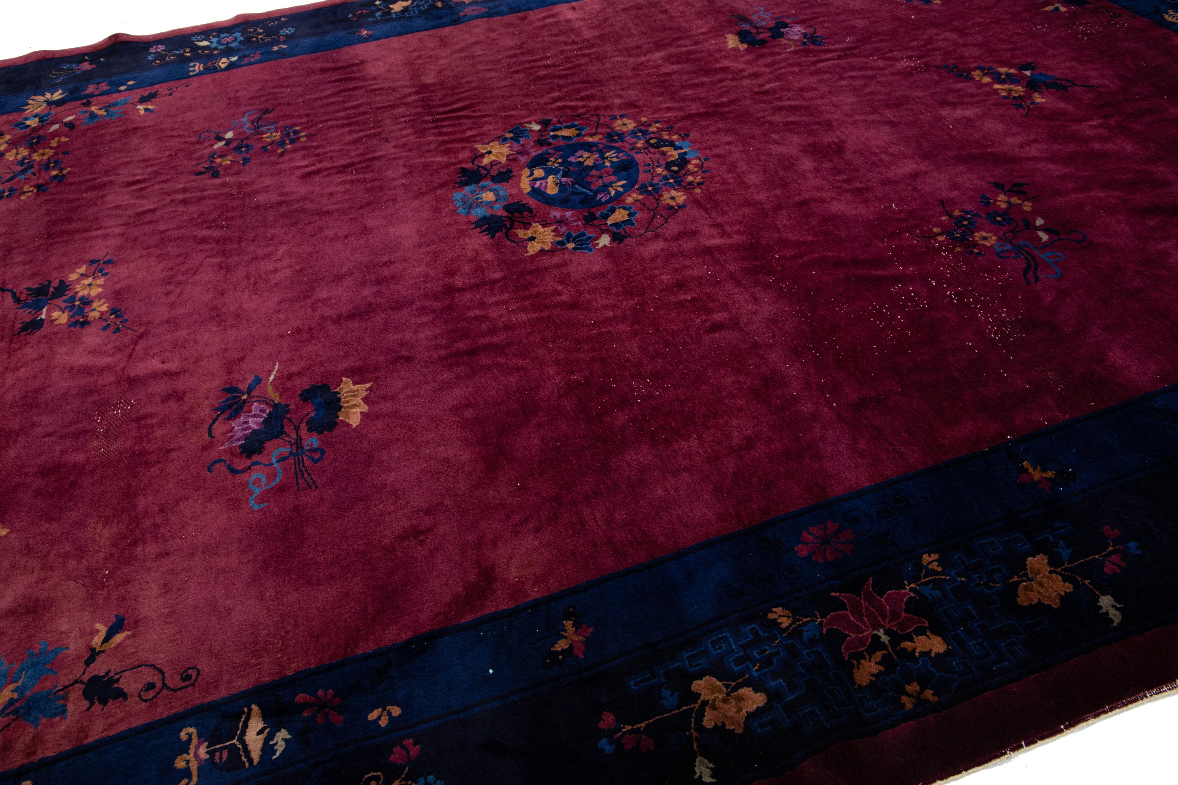 Art Deco Chinese Floral Designed Antique Wool Rug In Red  In Excellent Condition For Sale In Norwalk, CT