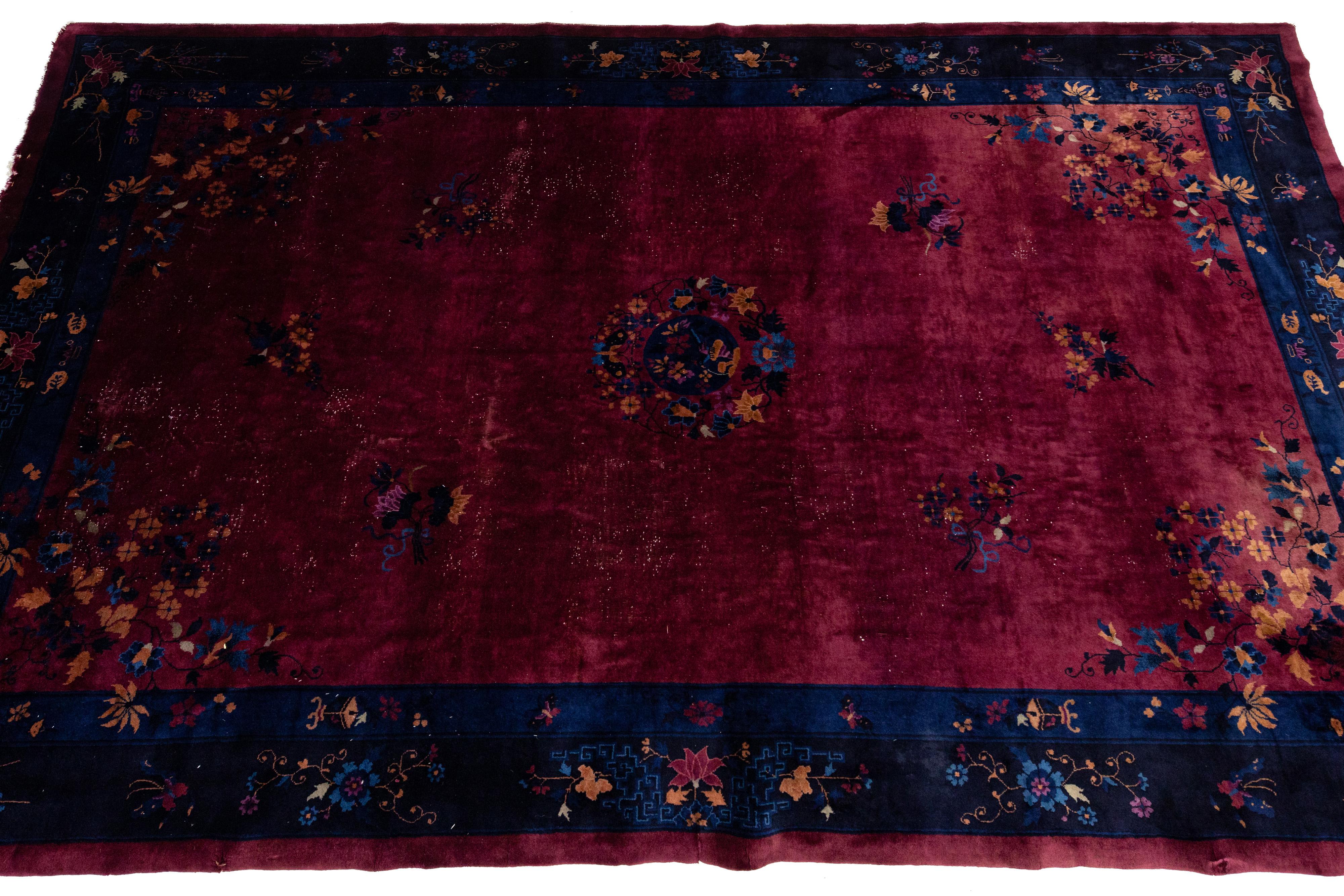 Art Deco Chinese Floral Designed Antique Wool Rug In Red  For Sale 2