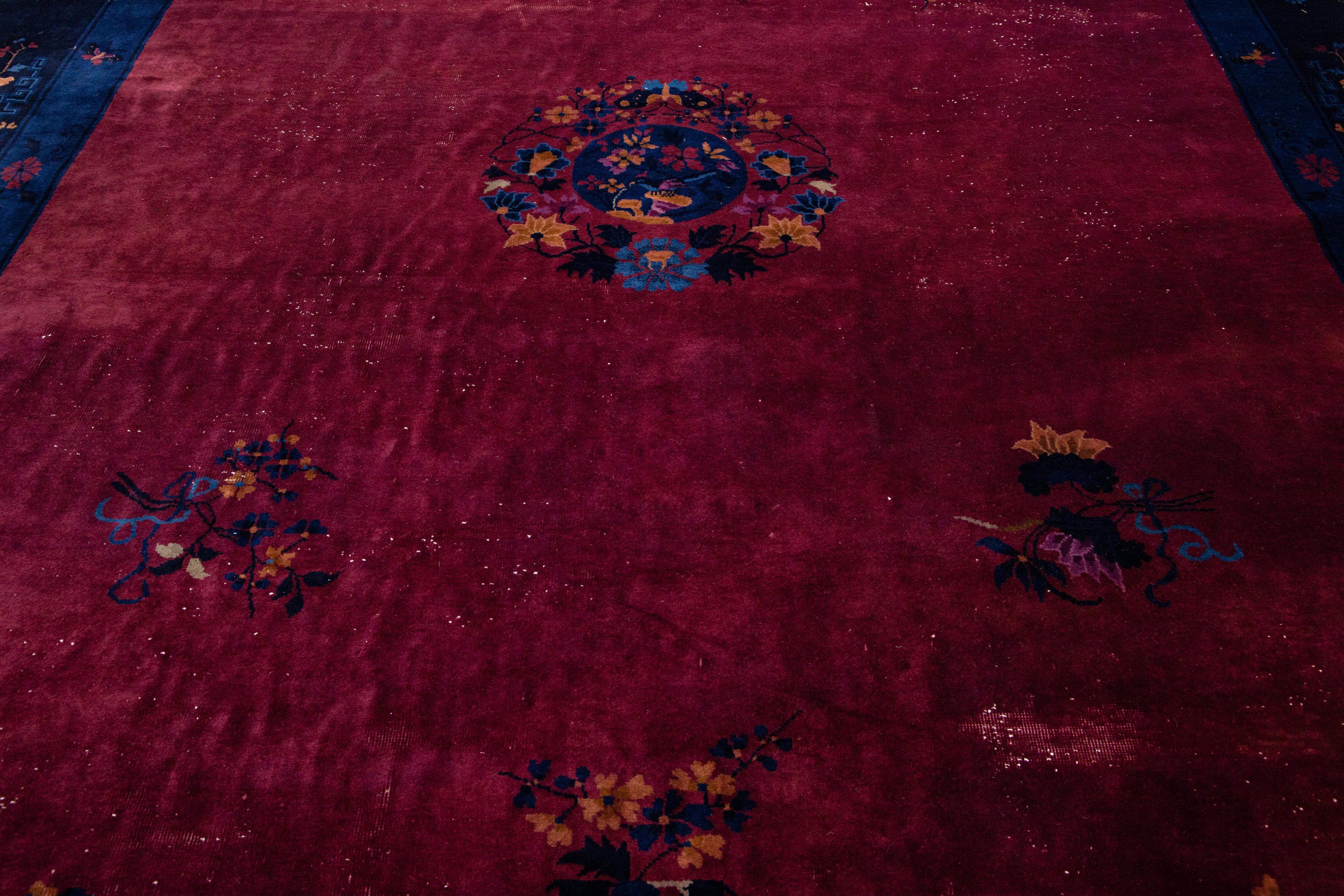 Art Deco Chinese Floral Designed Antique Wool Rug In Red  For Sale 3