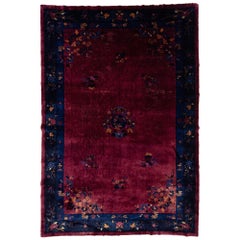Art Deco Chinese Floral Designed Antique Wool Rug In Red