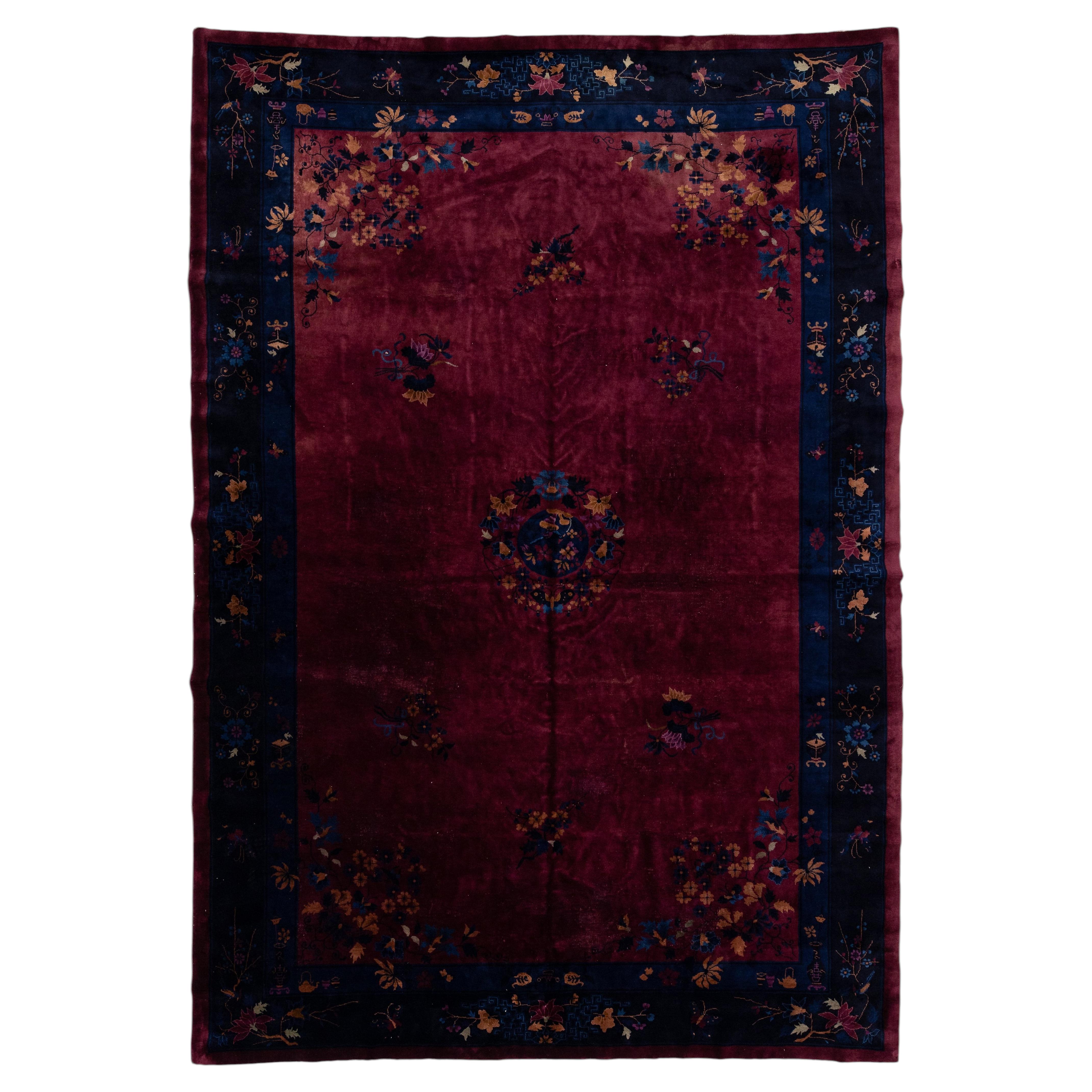 Art Deco Chinese Floral Designed Antique Wool Rug In Red