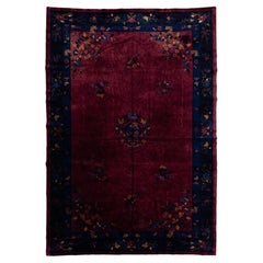 Art Deco Chinese Floral Designed Antique Wool Rug In Red