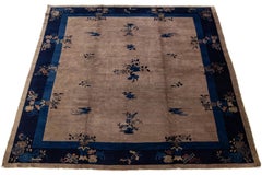 Art Deco Chinese Floral Designed Wool Rug Antique Handmade In light Brown