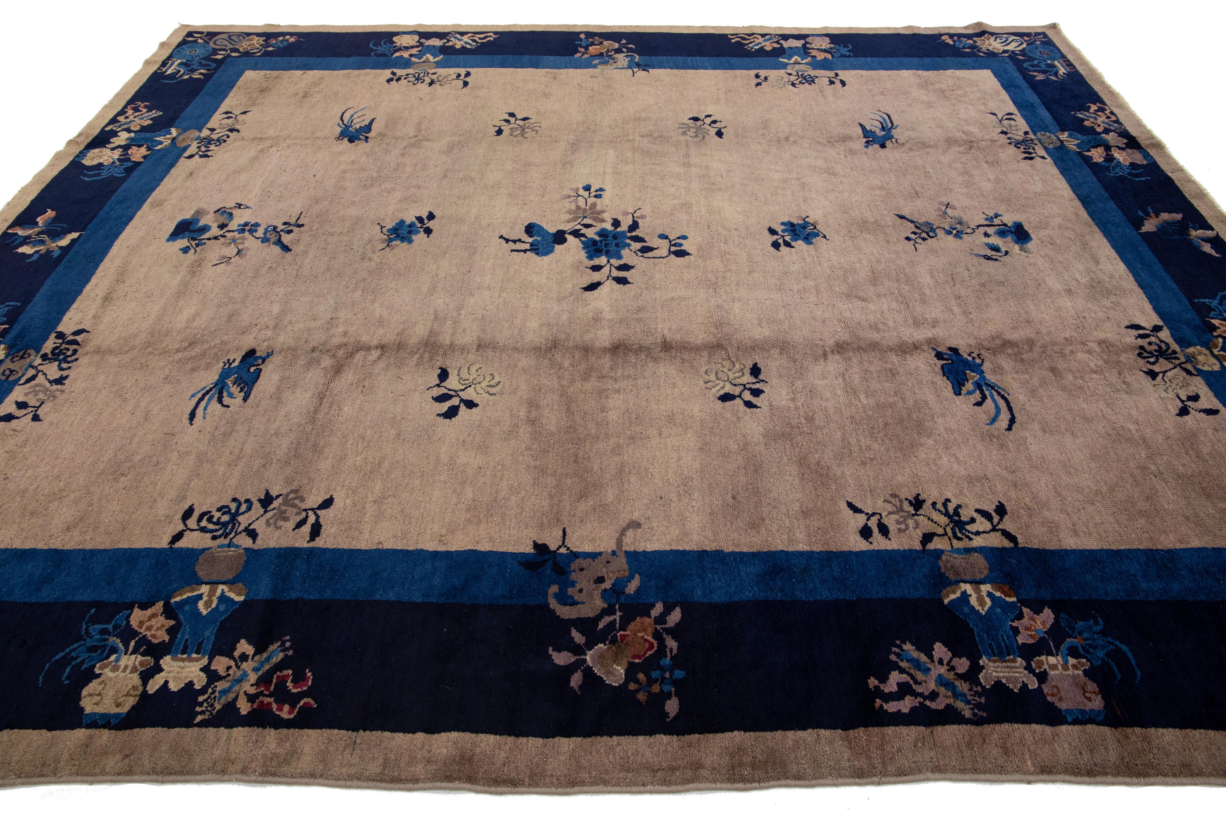 Hand-Knotted Art Deco Chinese Floral Designed Wool Rug Antique Handmade In light Brown For Sale