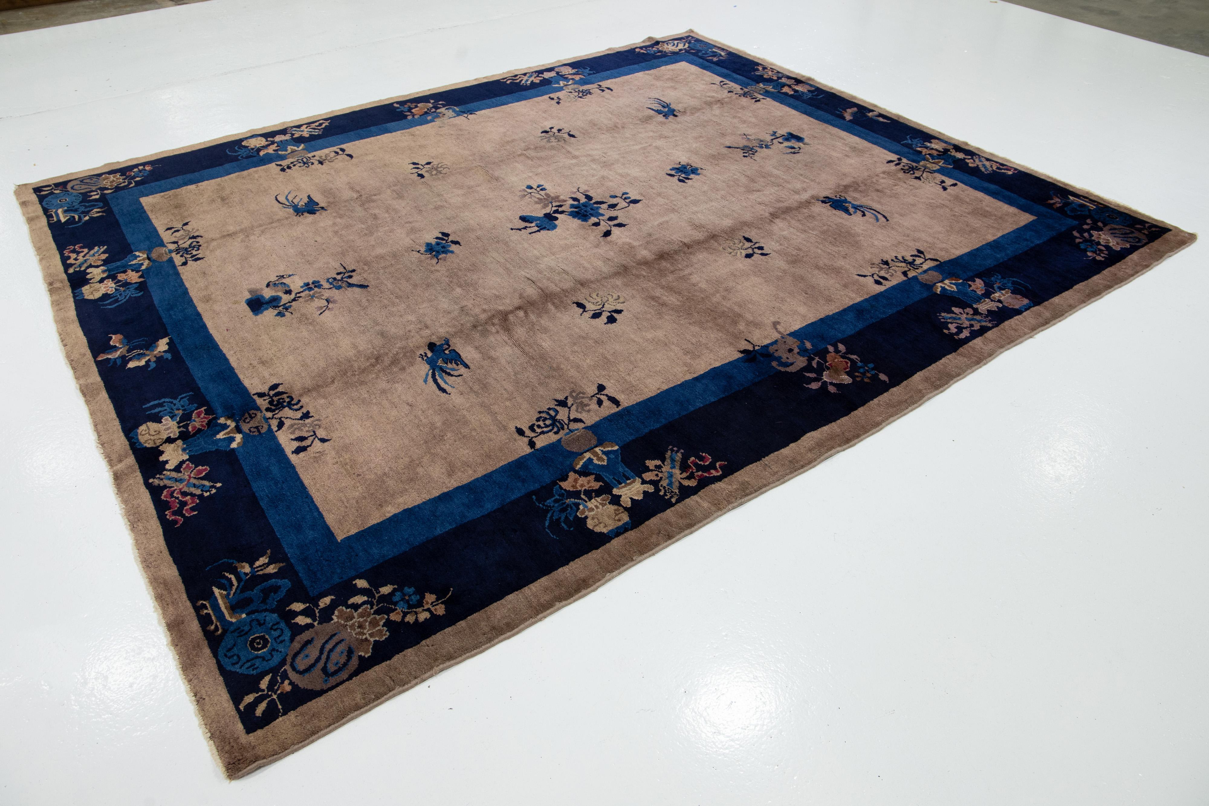 20th Century Art Deco Chinese Floral Designed Wool Rug Antique Handmade In light Brown For Sale