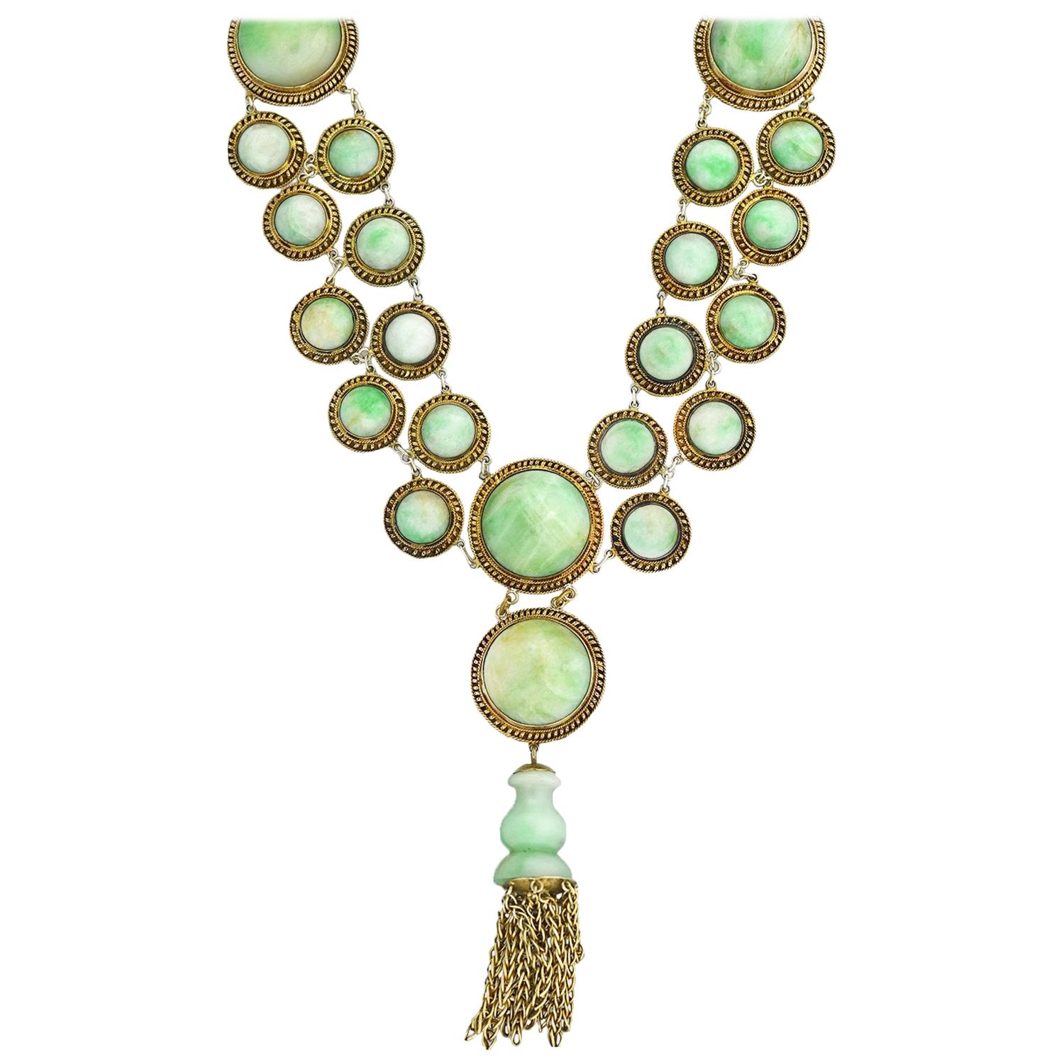 Art Deco Chinese Jade Link and Tassel Pendant Necklace
